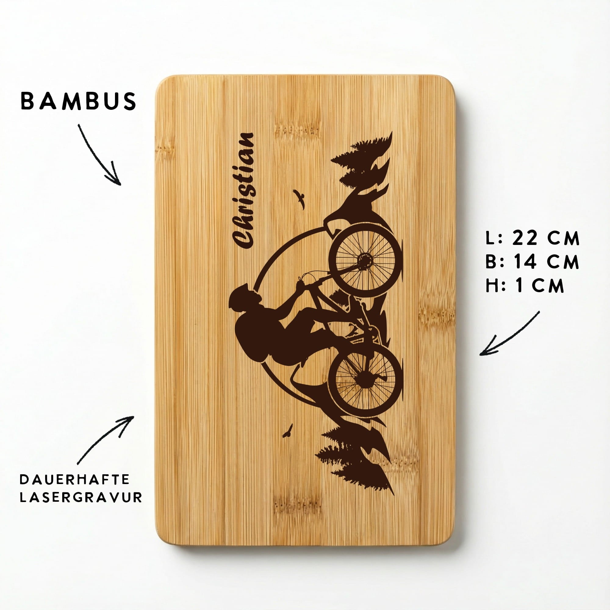 Bambus Frühstücksbrettchen mit Mountainbike Gravur, Name Christian und Maßangaben 22 x 14 x 1 cm