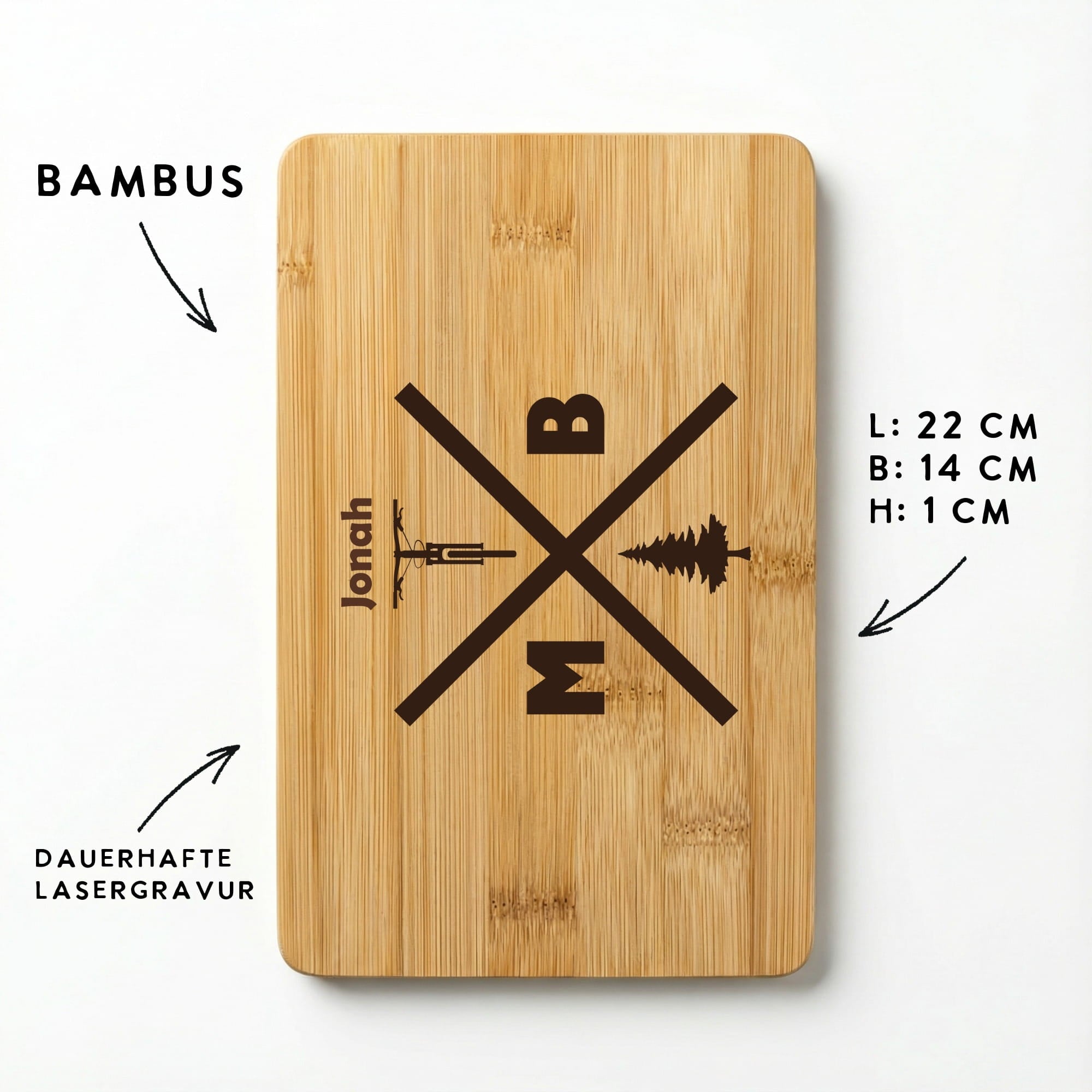 Bambus Brettchen mit MTB Design, Fahrrad Symbol und Maßangaben 22x14 cm