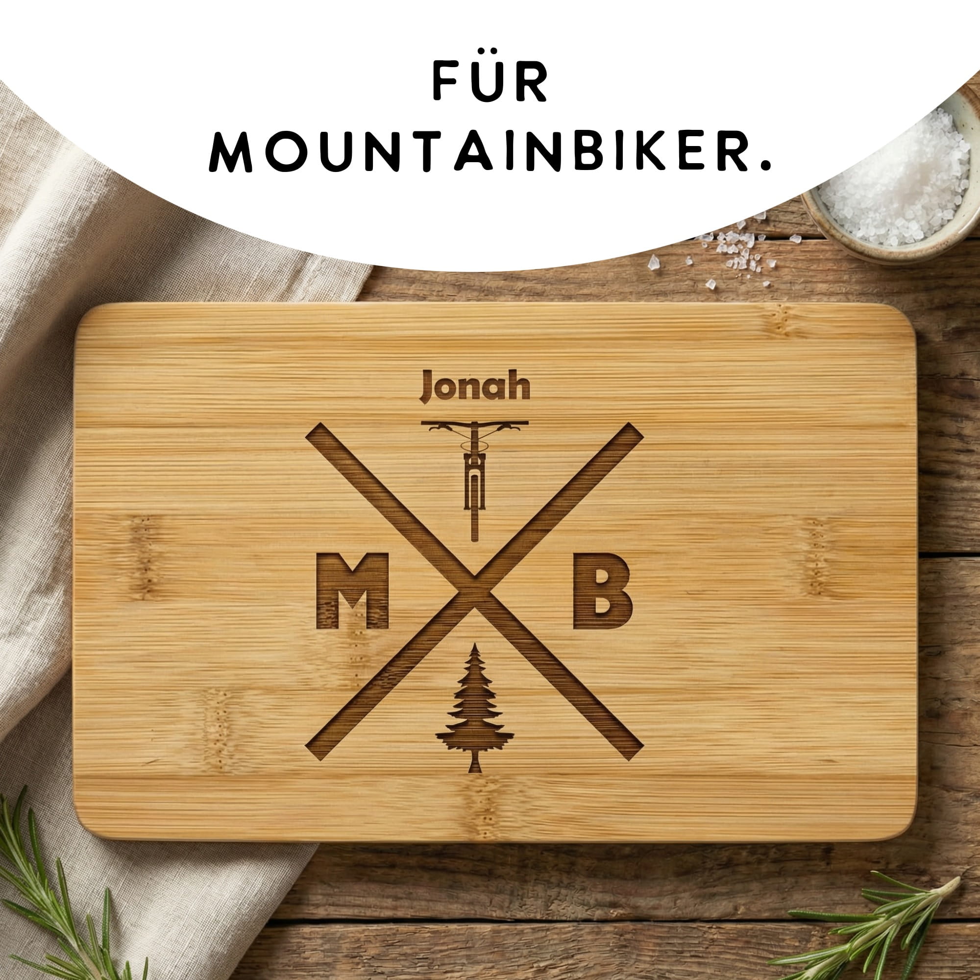 Frühstücksbrettchen für Mountainbiker mit MTB Schriftzug und Name Jonah