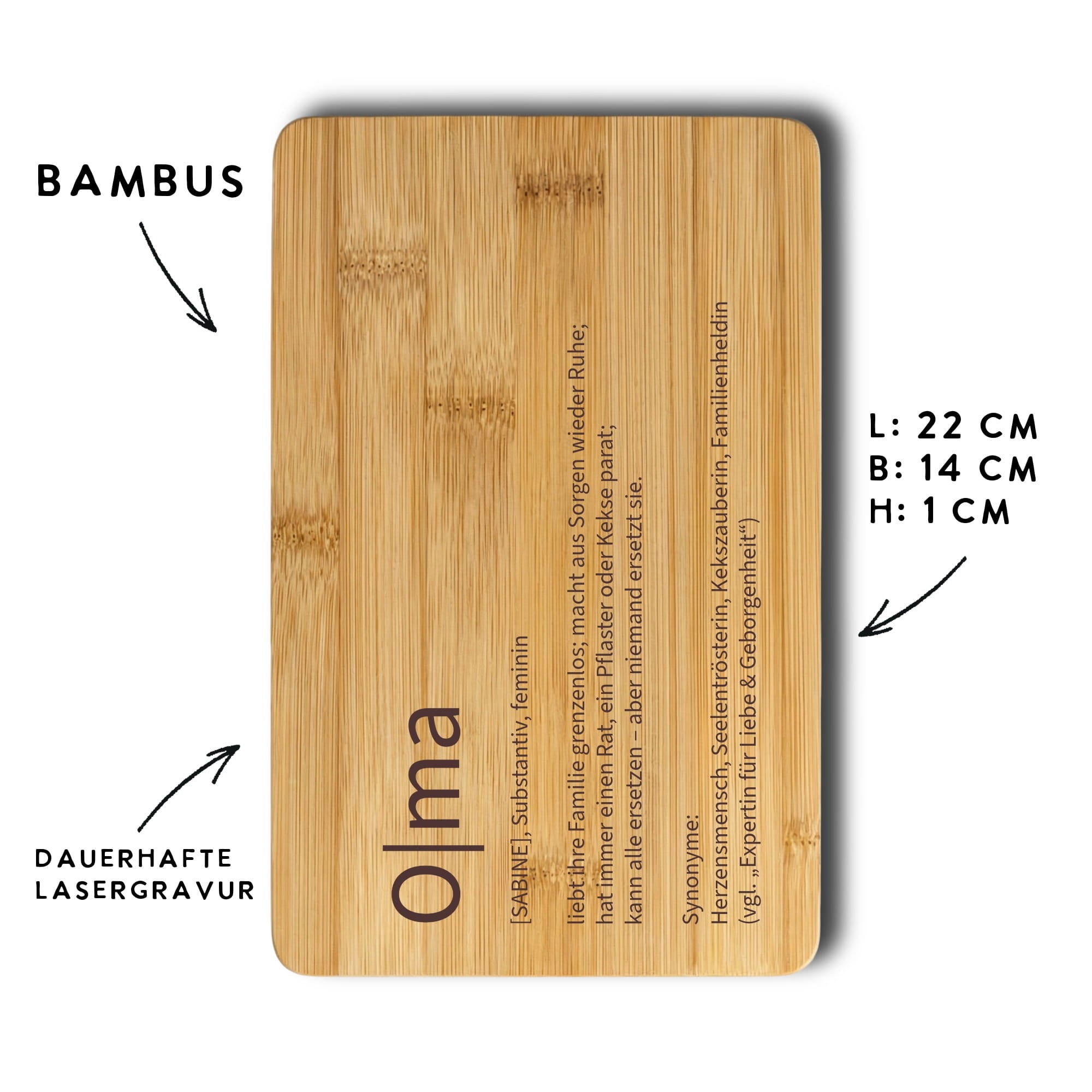 Bambus Frühstücksbrettchen mit Oma Gravur, Maßangaben und Hinweis auf langlebige Lasergravur