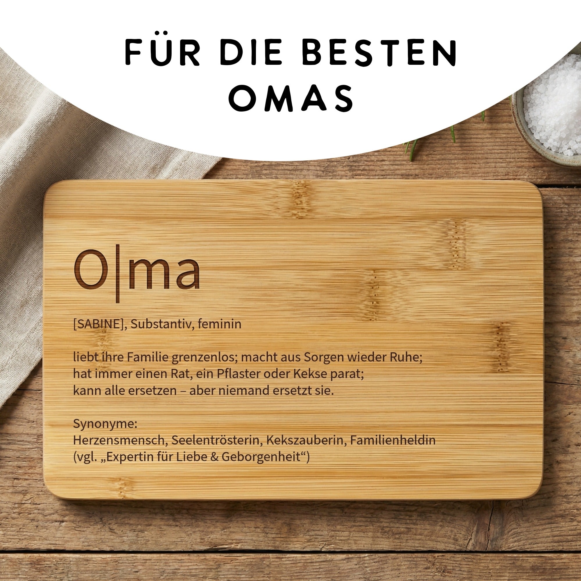 Frühstücksbrettchen mit Text für die besten Omas und liebevoller Definition Gravur
