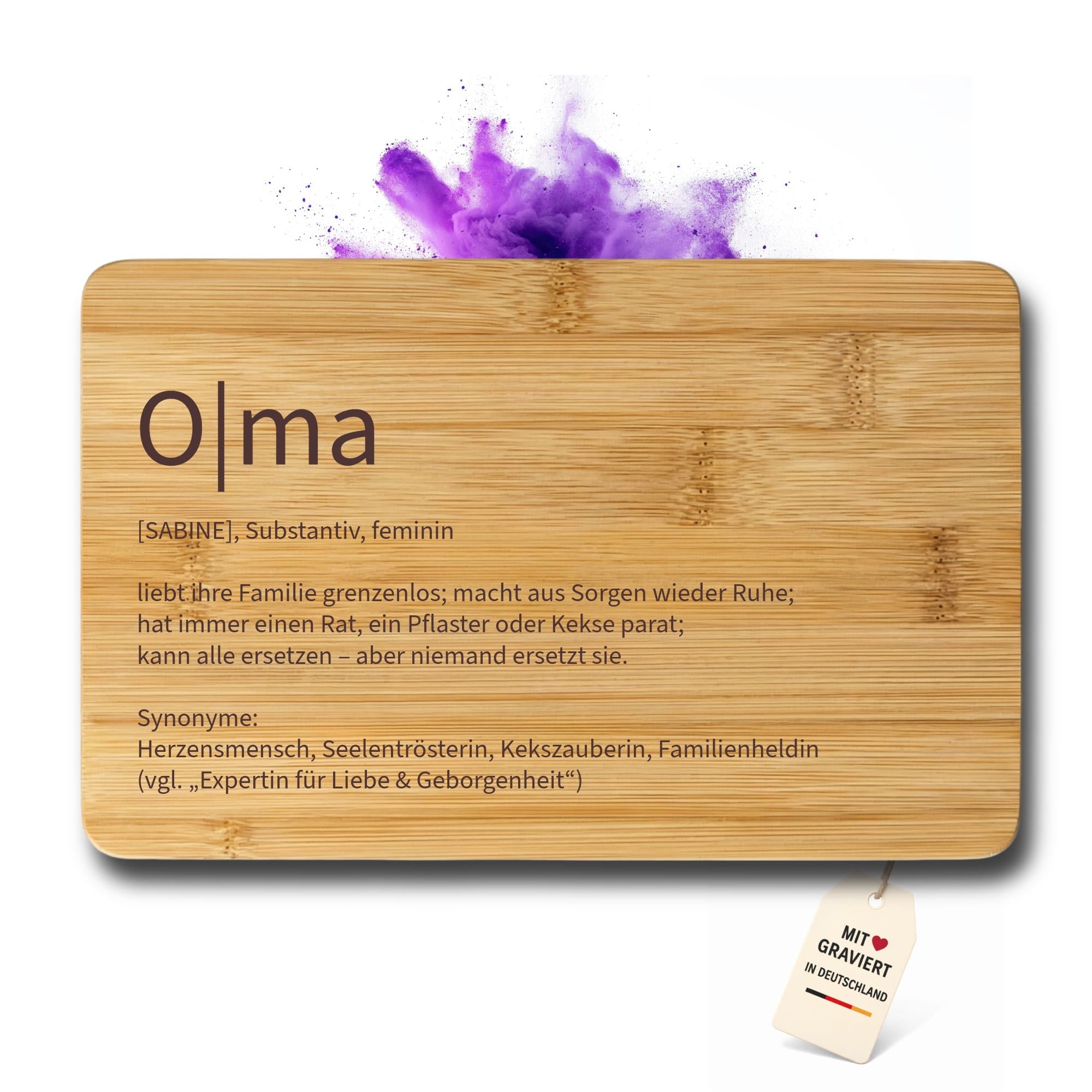 Holz Frühstücksbrett mit Olma Gravur, personalisiertem Namen und dekorativen Elementen