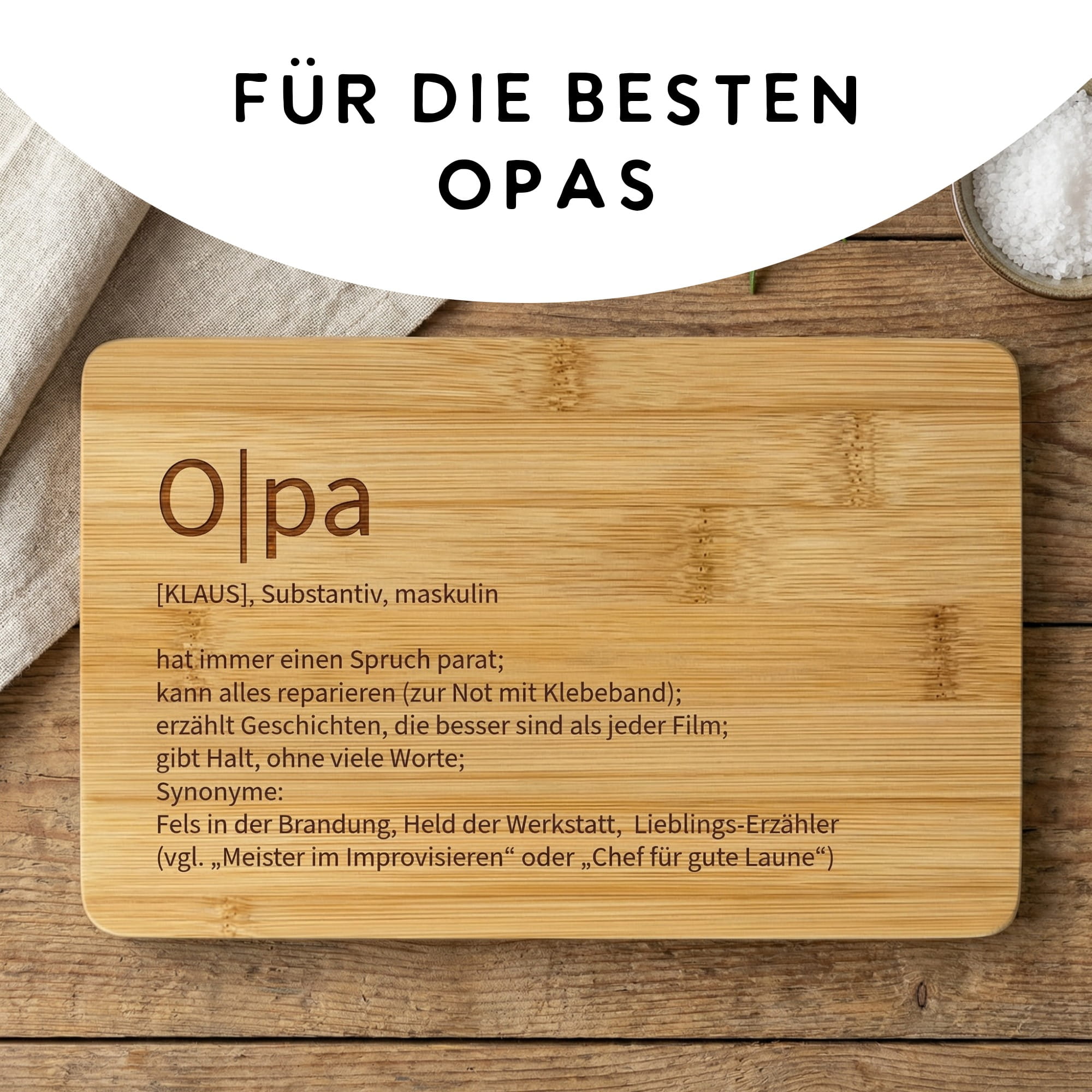 Frühstücksbrettchen mit Schriftzug für die besten Opas und humorvoller Definition Gravur