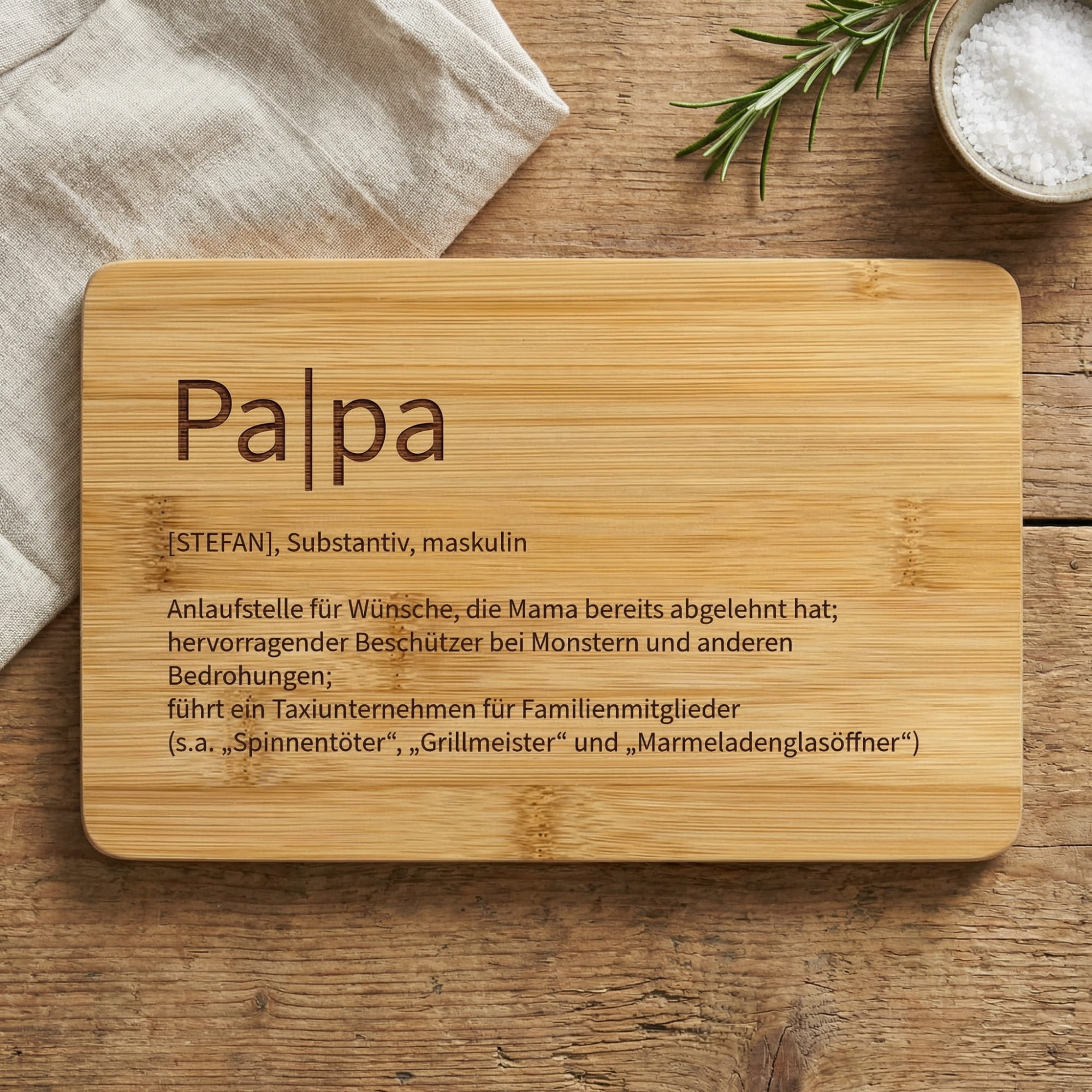 Personalisiertes Frühstücksbrettchen aus Bambus mit Gravur Palpa Definition und Name Stefan