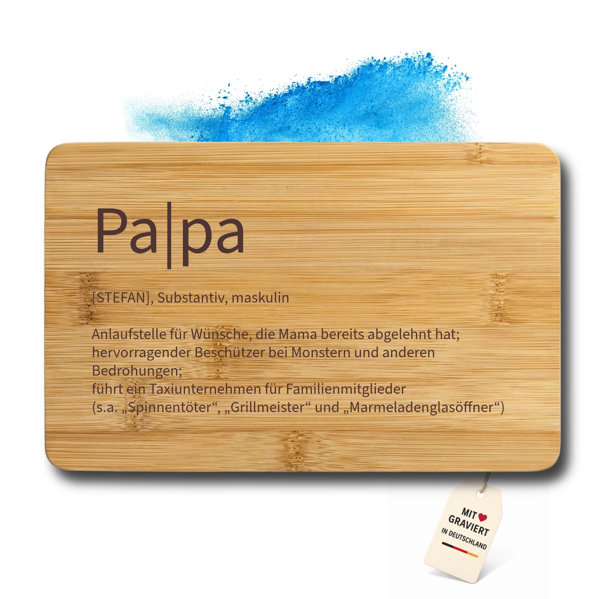 Holzbrett mit Palpa Gravur, personalisiertem Namen und dekorativem Hintergrund