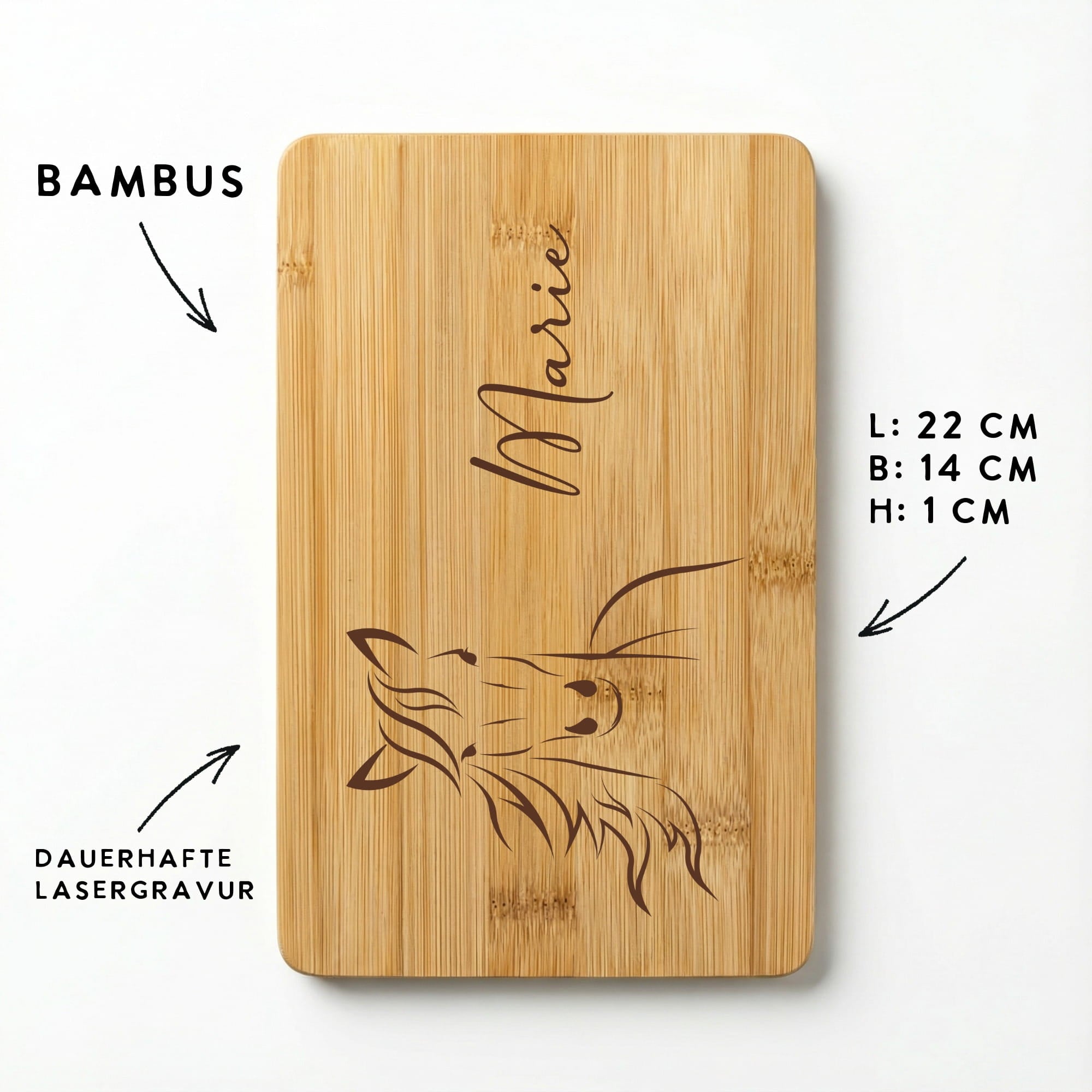 Frühstücksbrett aus Bambus mit Pferdegravur und Wunschname, Maße 22x14 cm, langlebige dunkelbraune Lasergravur