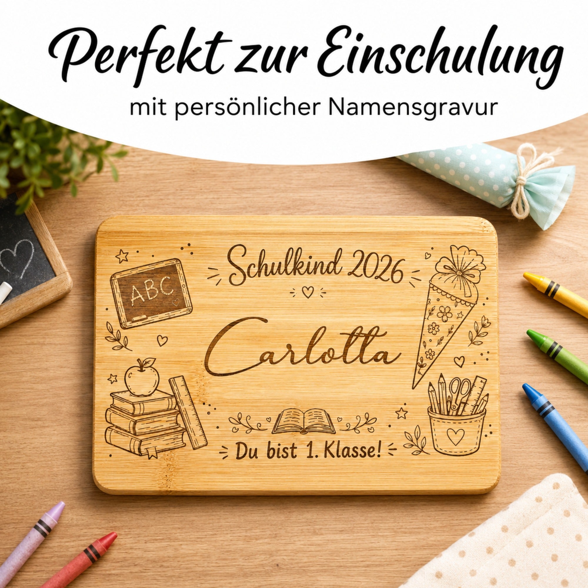 Personalisiertes Bambusbrettchen mit Name zur Einschulung, Geschenk für Erstklässler mit Schulkind 2026 Motiv