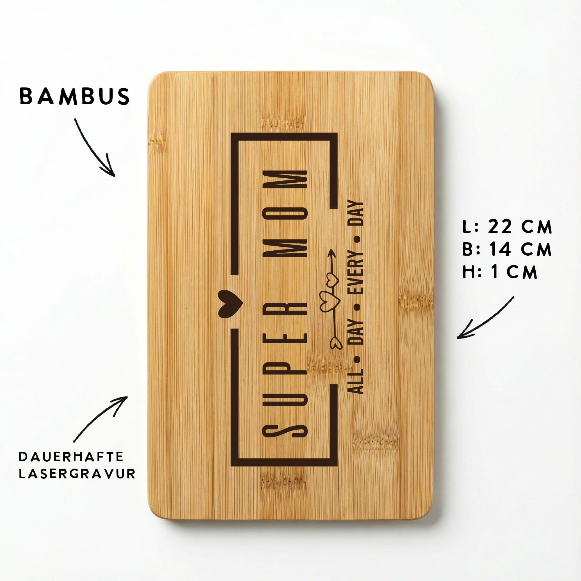 Bambus Schneidebrett mit Super Mom Gravur und Maßangaben
