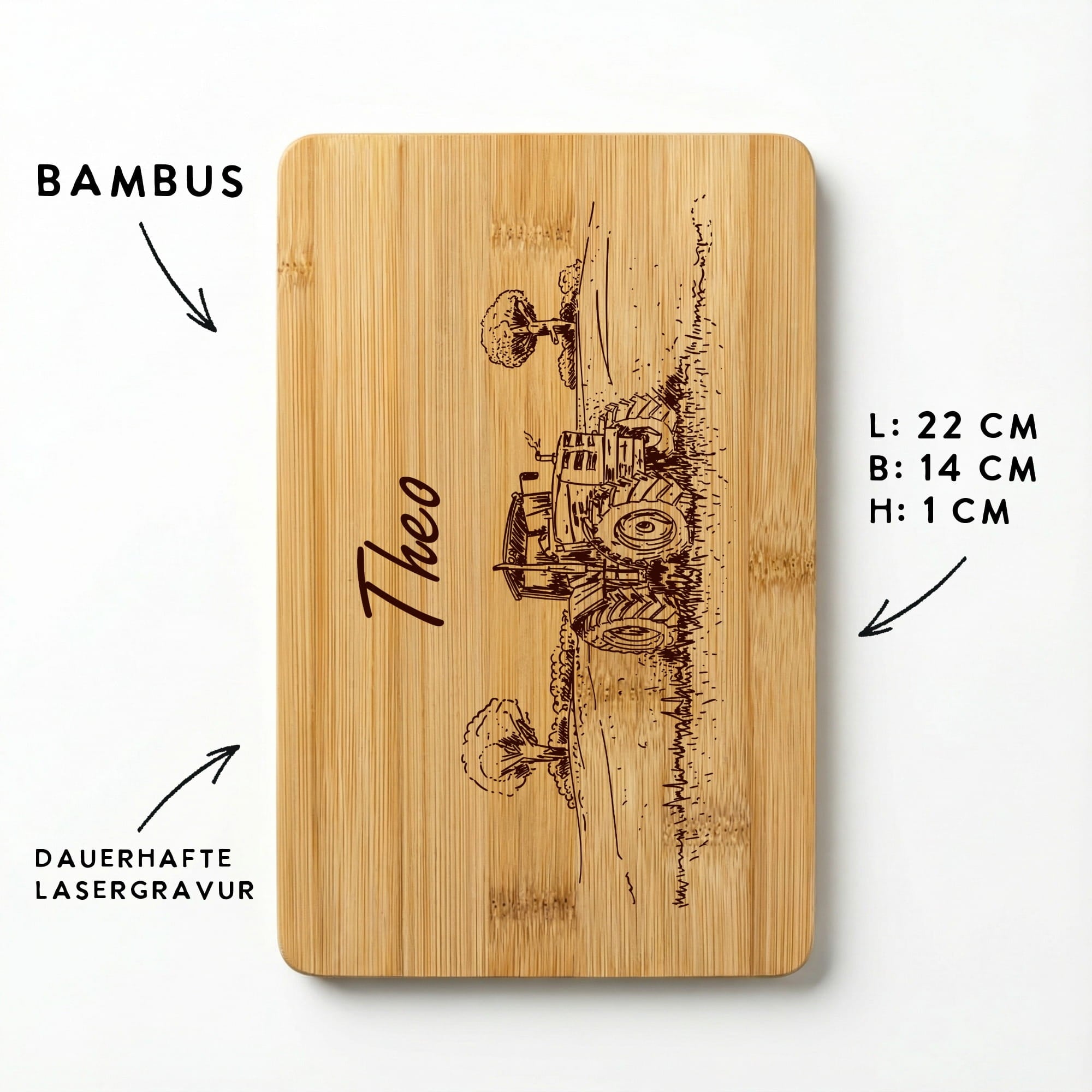 Bambus Frühstücksbrett mit Traktor Motiv und Namensgravur, Maße 22 x 14 cm, langlebige und präzise Lasergravur.