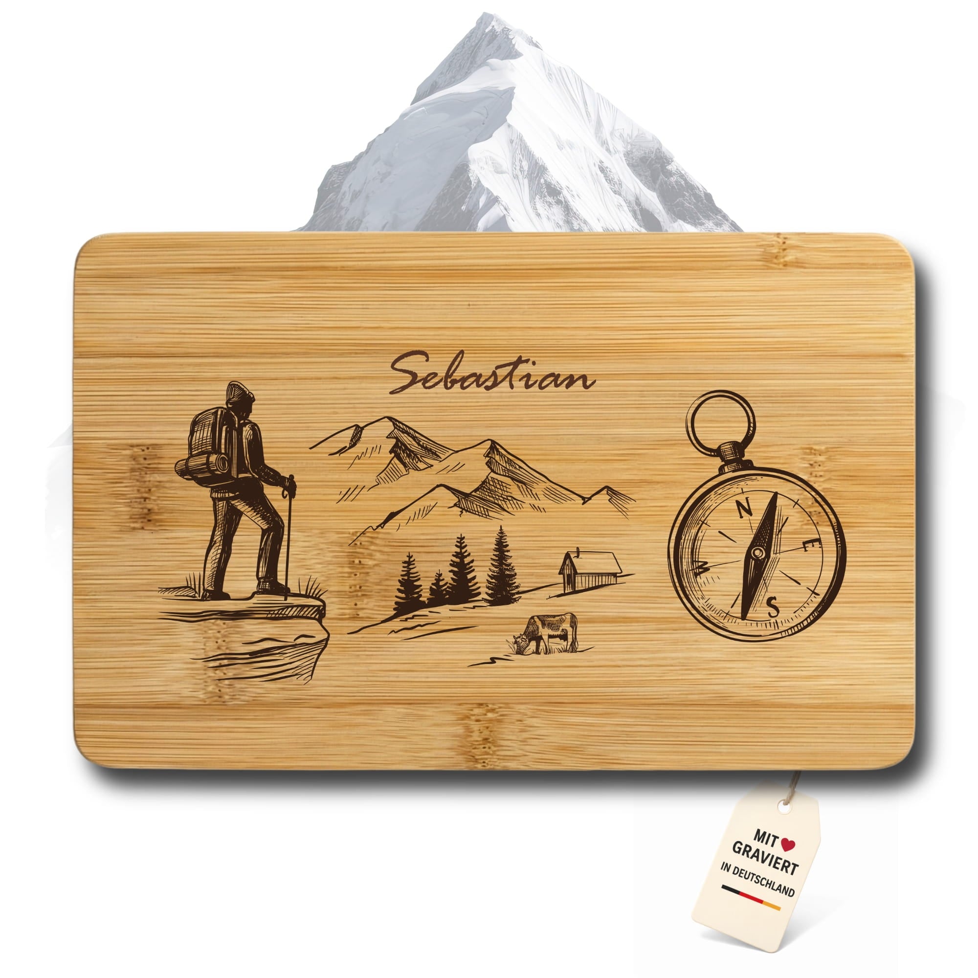 Personalisiertes Bambus Brettchen mit Wanderer Gravur und Wunschname – hochwertiges Frühstücksbrett graviert in Deutschland