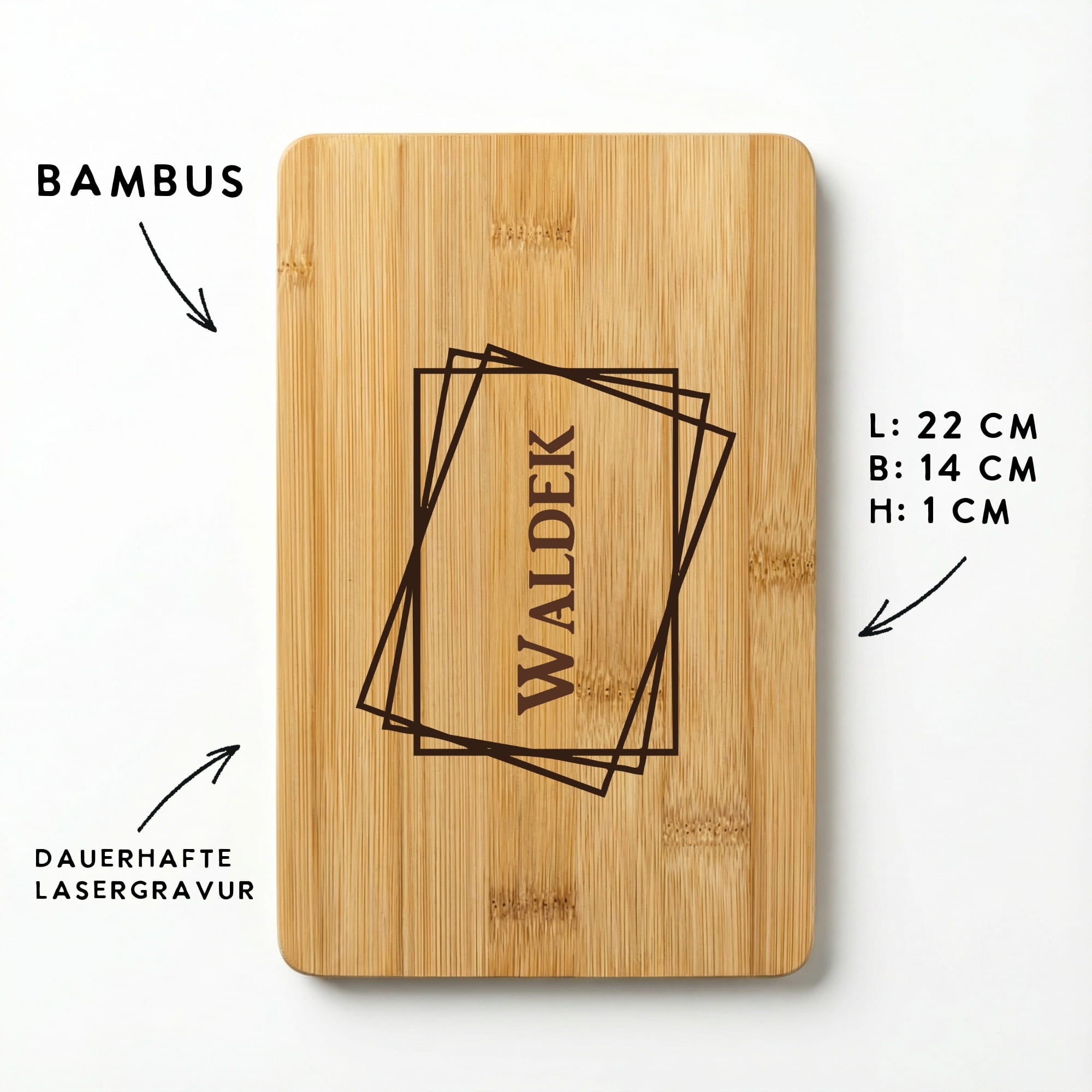 Bambus Frühstücksbrettchen Rückseite mit Maßangaben 22x14 cm und Lasergravur Hinweis