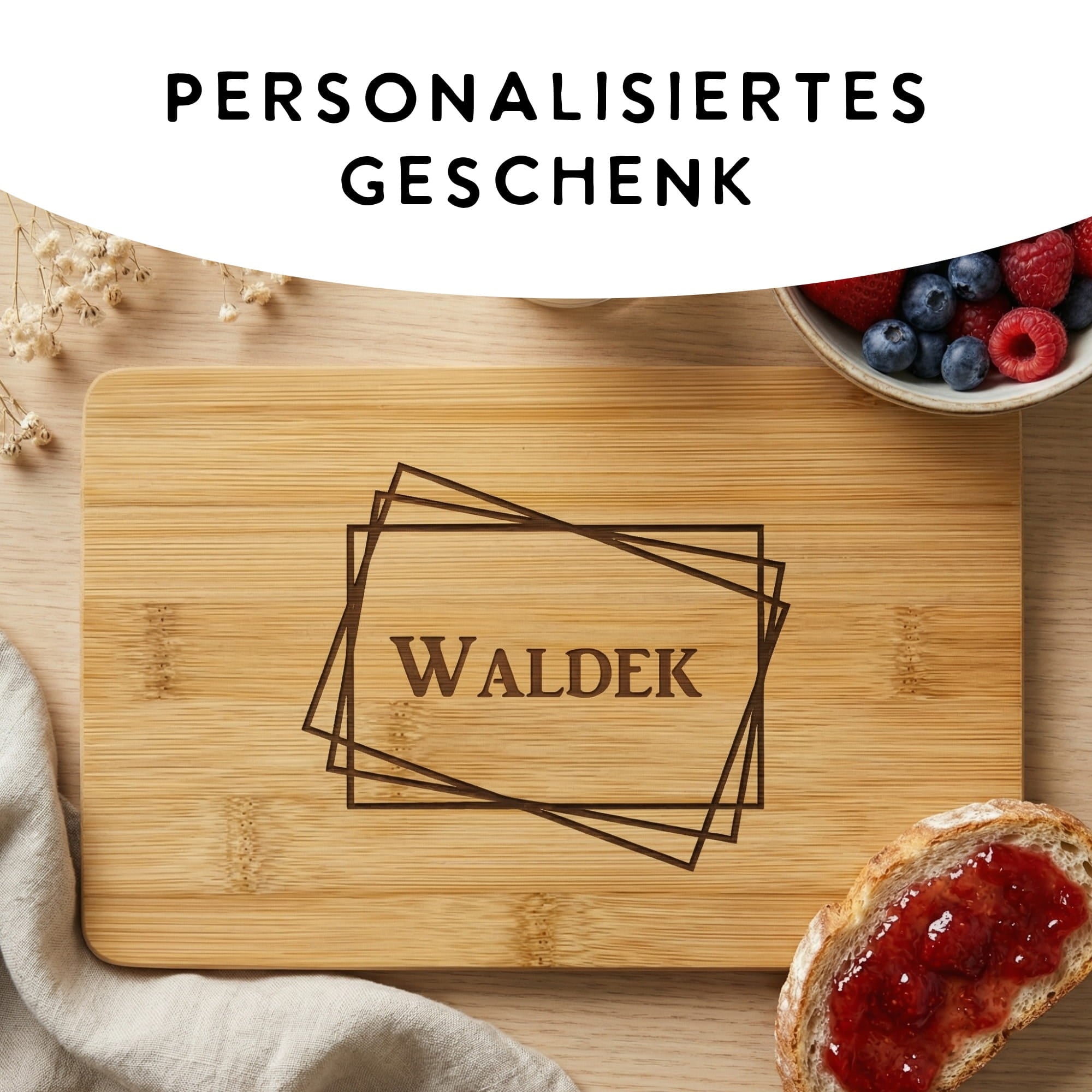 Personalisiertes Holzbrett Geschenkidee mit Name im geometrischen Rahmen Design