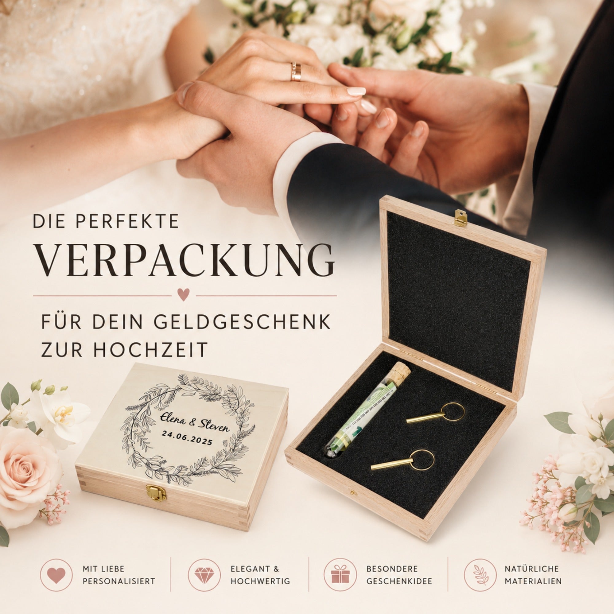 Elegante Verpackung für ein Geldgeschenk zur Hochzeit mit Holzbox und Reagenzglas
