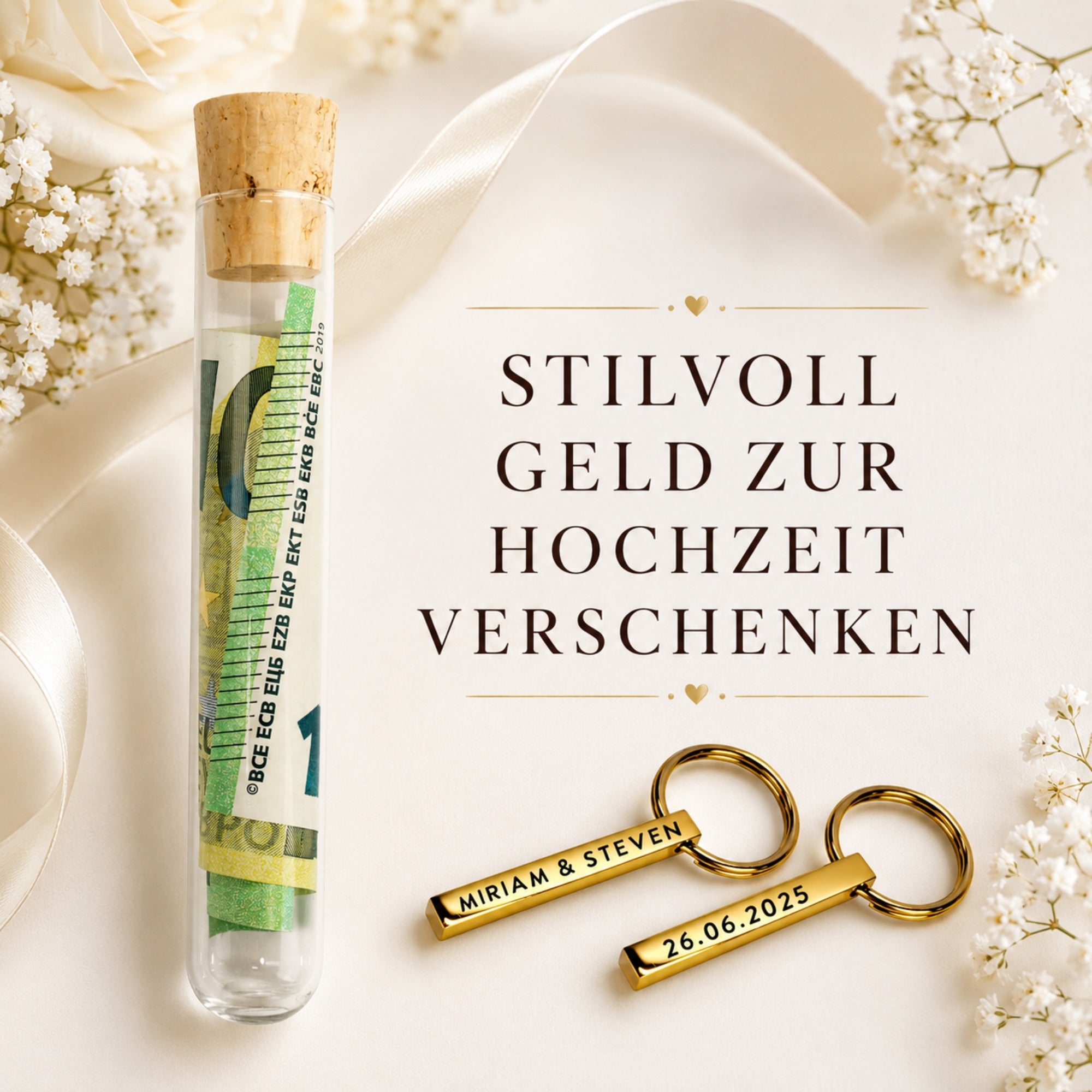 Geldgeschenk zur Hochzeit mit Reagenzglas und gravierten goldenen Schlüsselanhängern