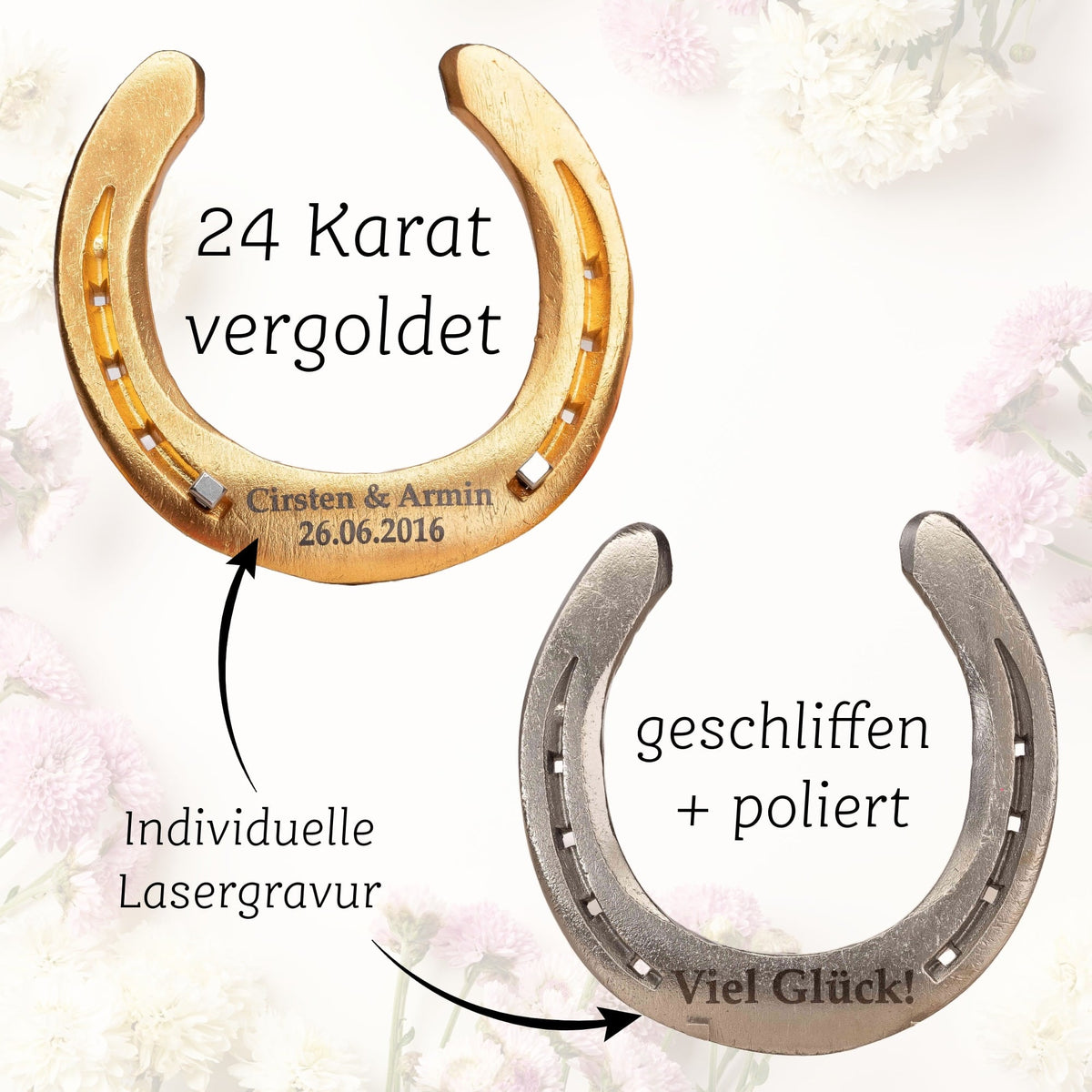 Hochzeitsgeschenk Glückshufeisen mit Holzbox „Alles Gute zur Hochzeit“ – Ansicht 2