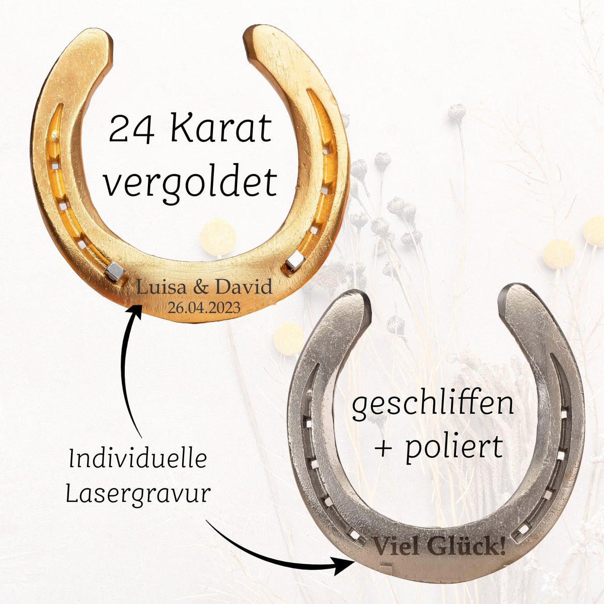Hochzeitsgeschenk Glückshufeisen mit Holzbox „Blumenkranz“ – Ansicht 6