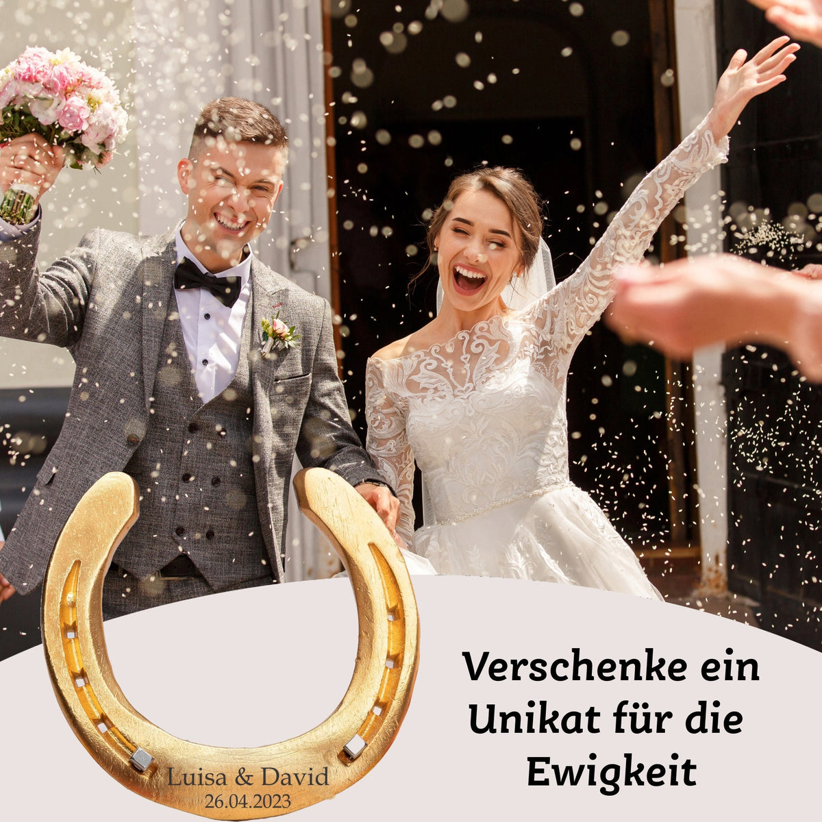 Hochzeitsgeschenk Glückshufeisen mit Holzbox „Blumenkranz“ – Ansicht 7