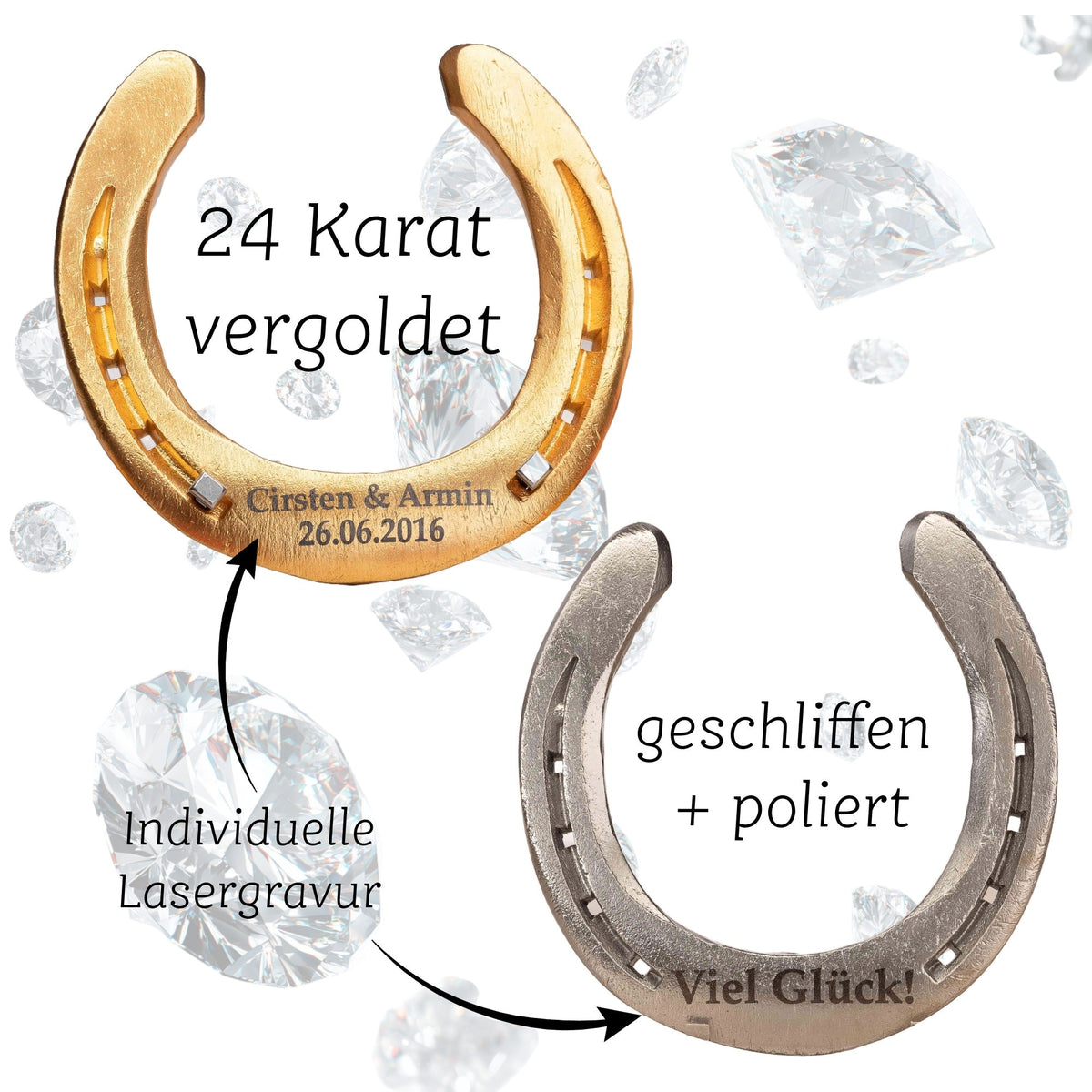 Glückshufeisen zur Diamantenen Hochzeit mit gravierter Holz-Geschenkbox – Ansicht 2