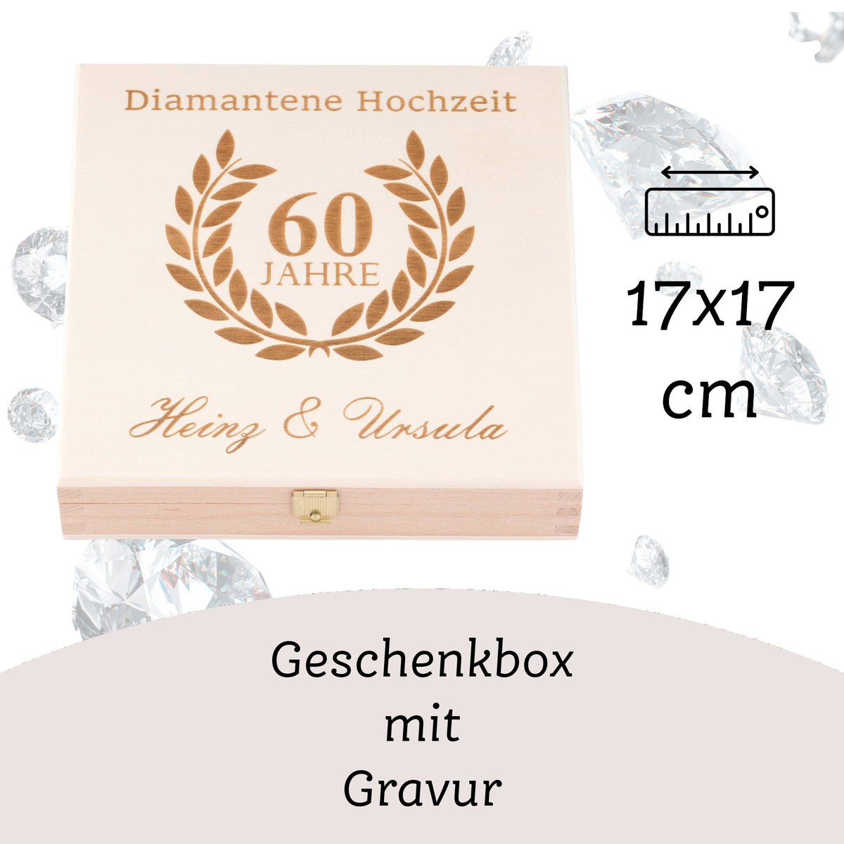 Glückshufeisen zur Diamantenen Hochzeit mit gravierter Holz-Geschenkbox – Ansicht 5