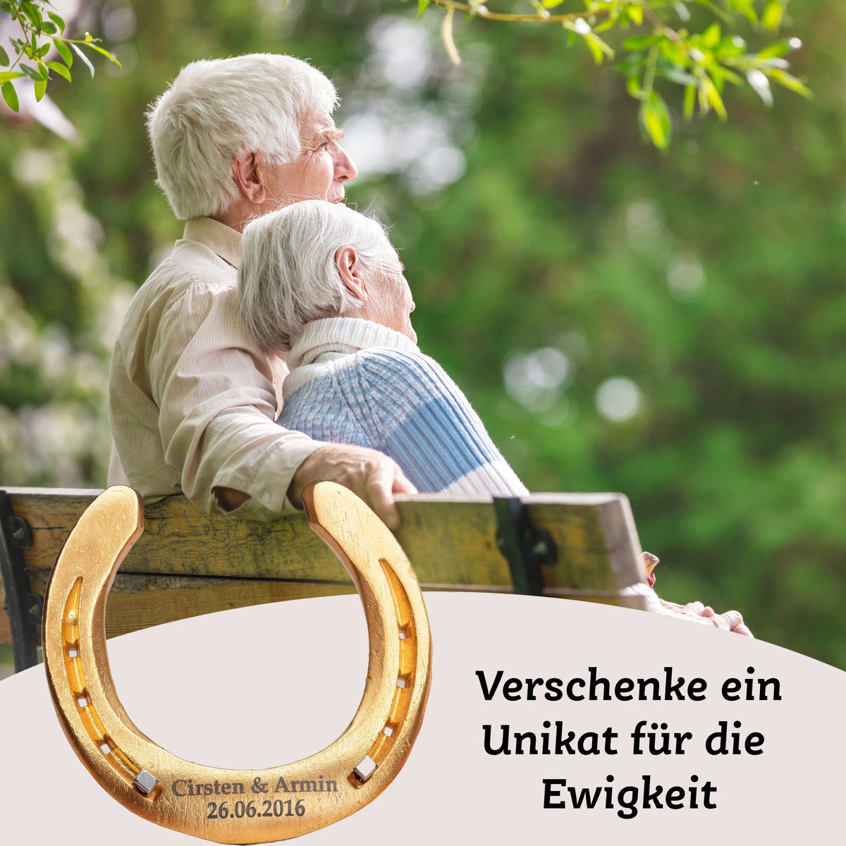 Glückshufeisen zur Diamantenen Hochzeit mit gravierter Holz-Geschenkbox – Ansicht 6