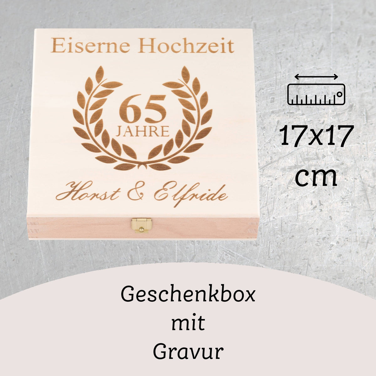 Glückshufeisen zur Eisernen Hochzeit mit gravierter Holz-Geschenkbox – Ansicht 5
