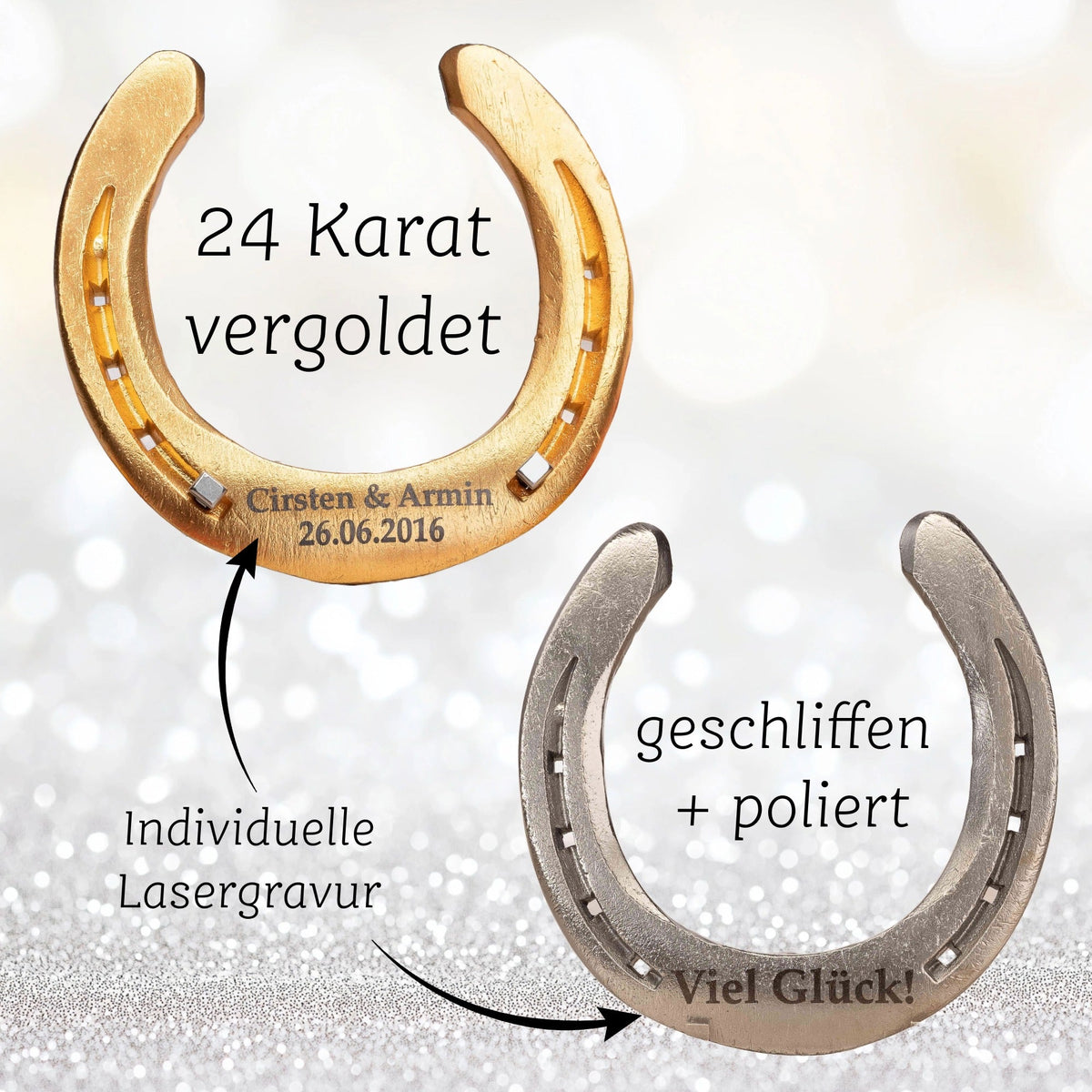 Vergleich: Hufeisen 24 Karat vergoldet mit Namensgravur und geschliffen-poliertes Hufeisen mit Gravur „Viel Glück!“