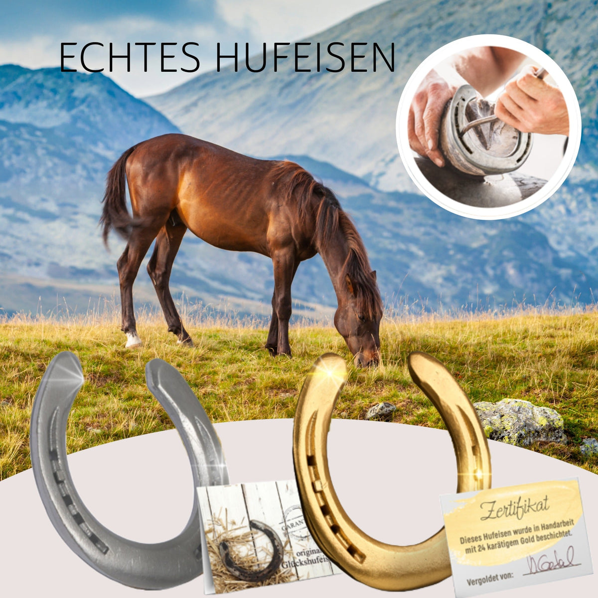 Glückshufeisen zur Silberhochzeit mit gravierter Holz-Geschenkbox – Detailansicht