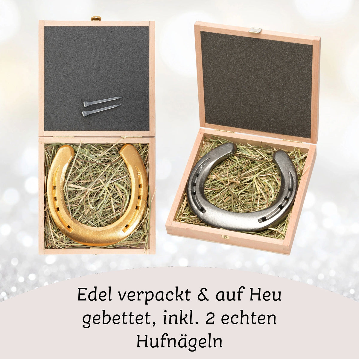 Glückshufeisen zur Silberhochzeit mit gravierter Holz-Geschenkbox – Ansicht 4