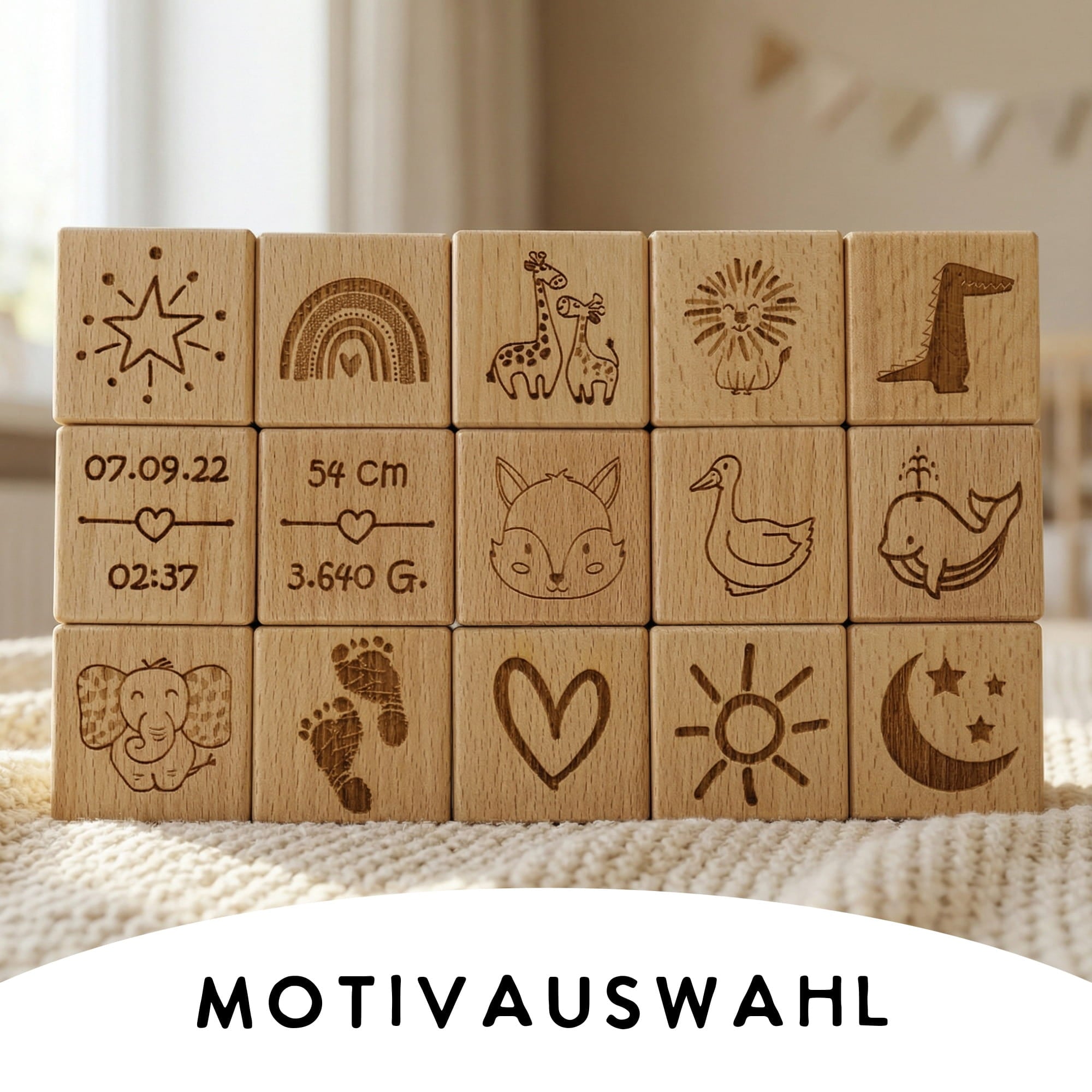 Holzwürfel mit Gravur zur Geburt aus Buche – Motivauswahl mit Stern, Regenbogen, Giraffen, Löwe, Krokodil, Wal sowie Würfel mit Geburtsdatum, Uhrzeit, Größe und Gewicht.