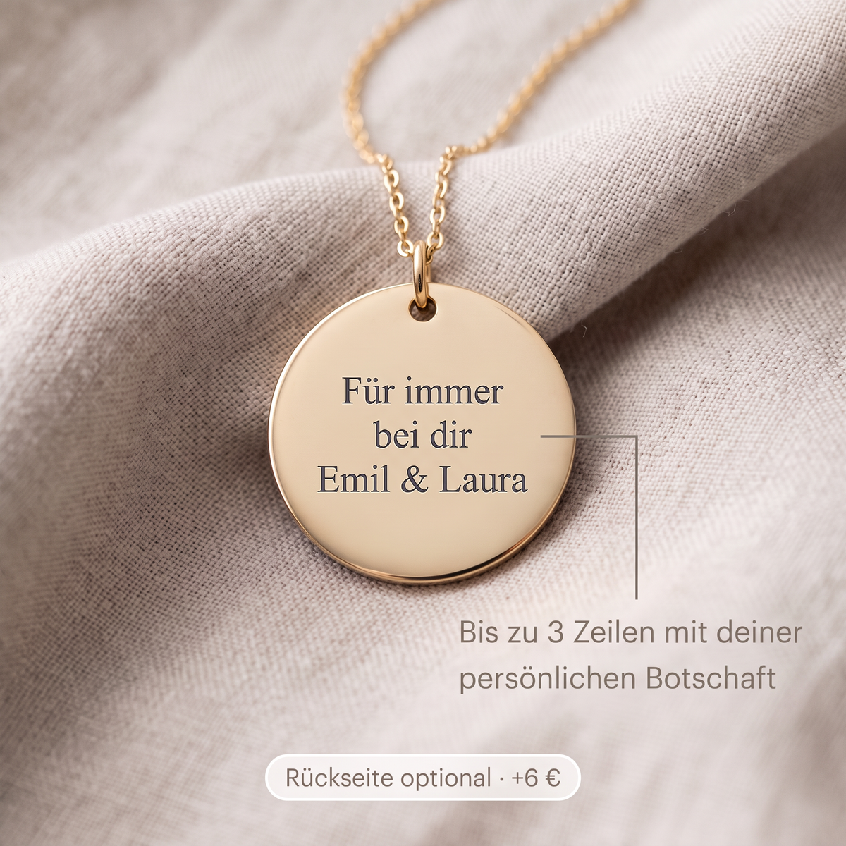Rückseiten-Gravur der Halskette mit Wunschtext – bis zu 3 Zeilen, optional für 6 € Aufpreis
