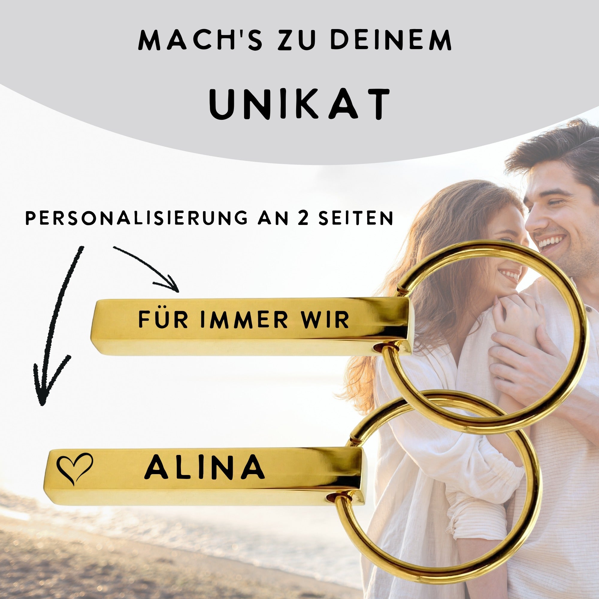 Gravierbarer Schlüsselanhänger aus Edelstahl mit Goldbeschichtung, Beispielgravur „Für immer wir“ und „Alina“, beidseitige Personalisierung möglich
