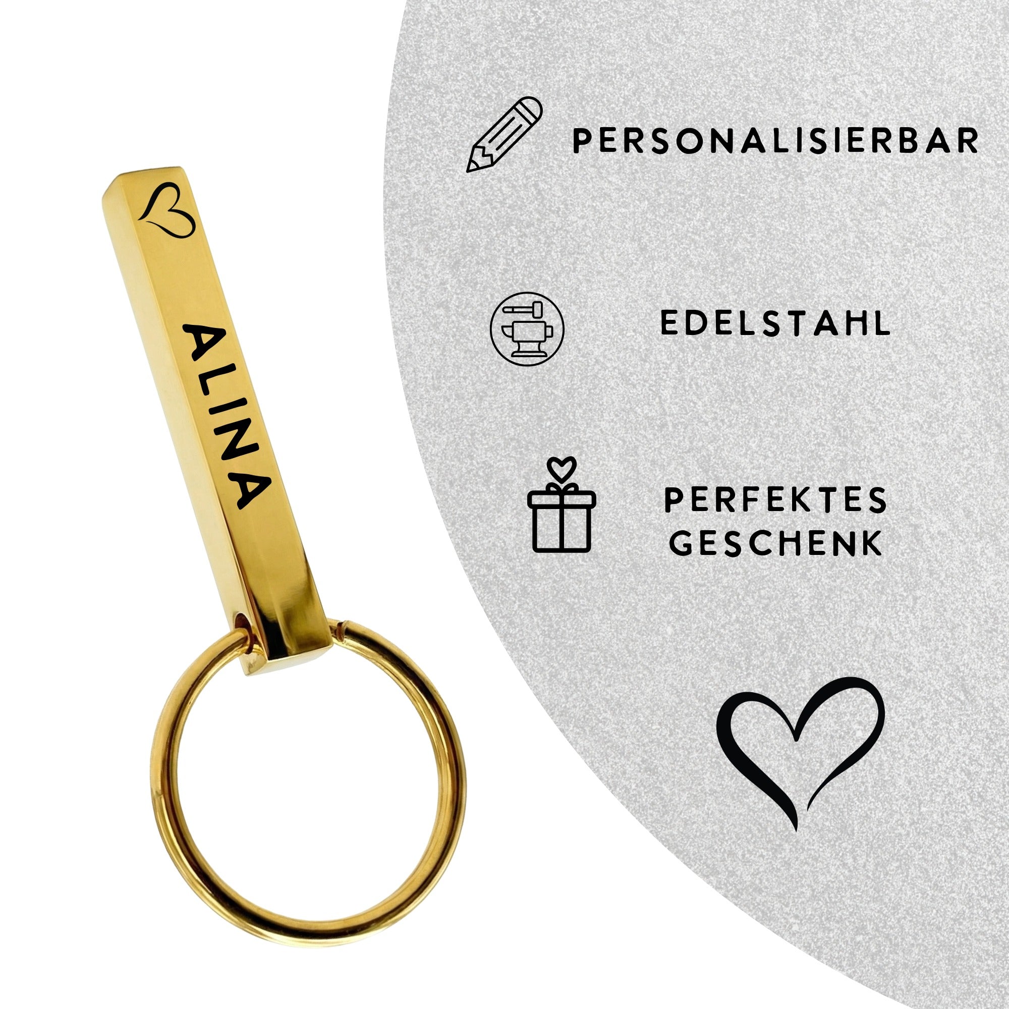 Goldener Schlüsselanhänger mit Gravur „Alina“, Edelstahl, personalisierbar, Geschenkidee für Paare