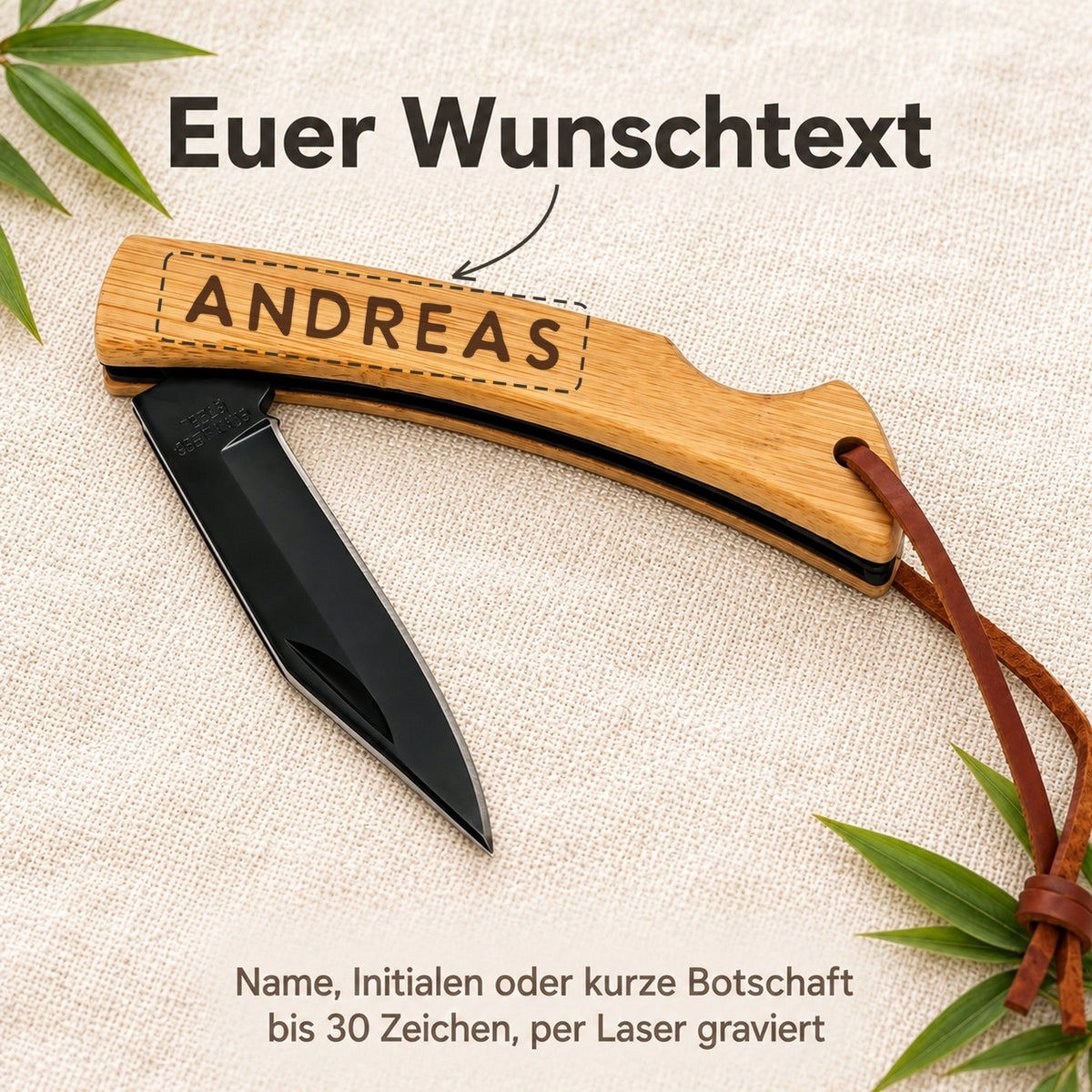 Taschenmesser Black Bamboo mit Gravur „Andreas“ auf dem Bambusgriff – Wunschtext bis 30 Zeichen per Laser graviert