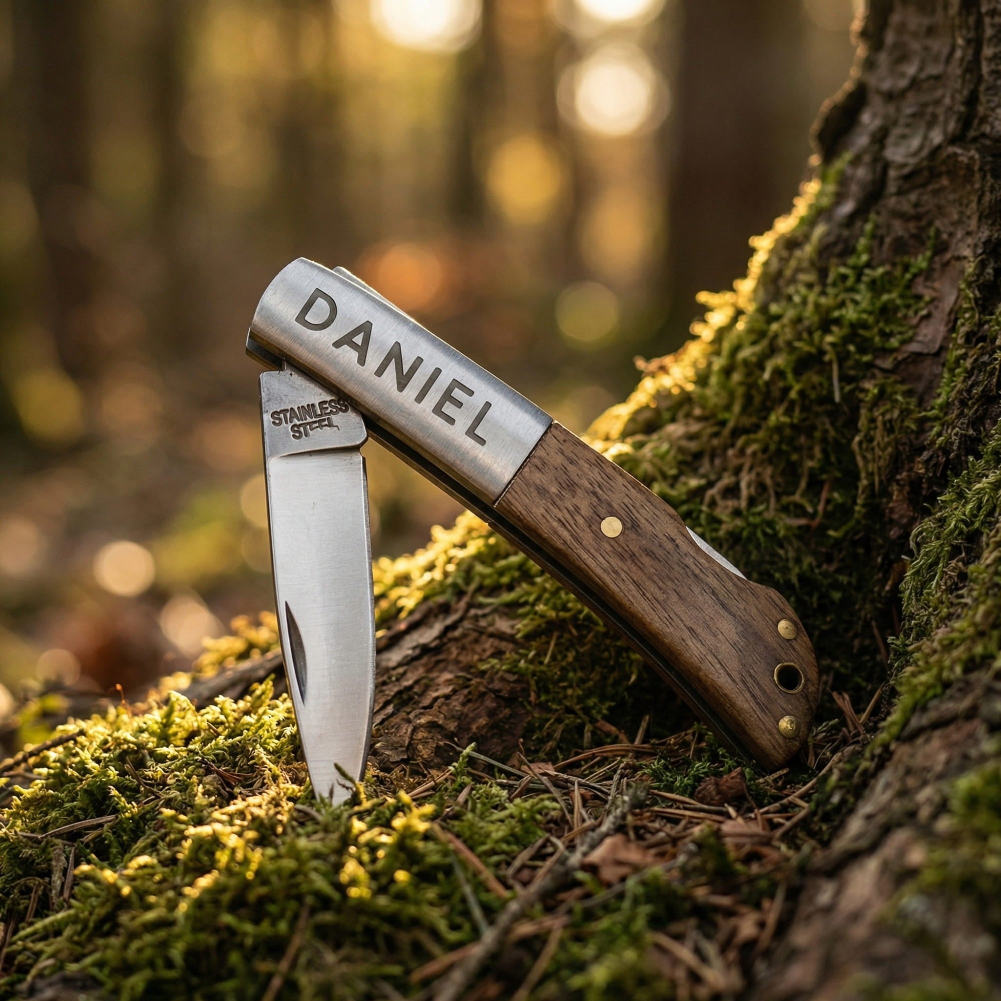 Personalisiertes Taschenmesser mit Akazienholz-Griff im Wald auf Moos