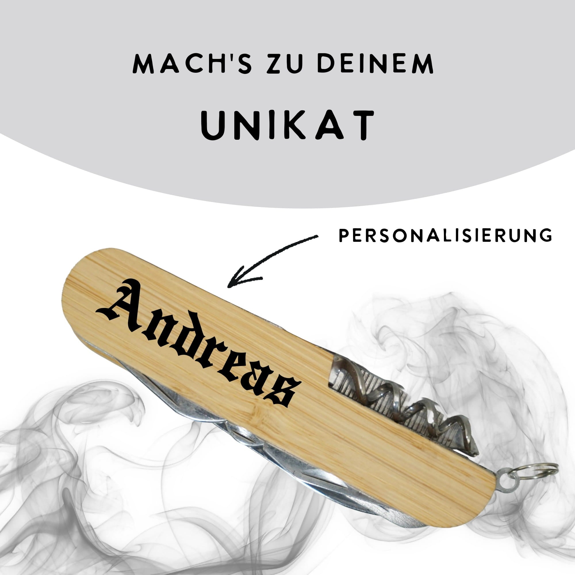 Multitool Taschenmesser aus Bambus mit individueller Gravur „Andreas“ in schwarzer Schrift – personalisierbares Geschenk für Männer
