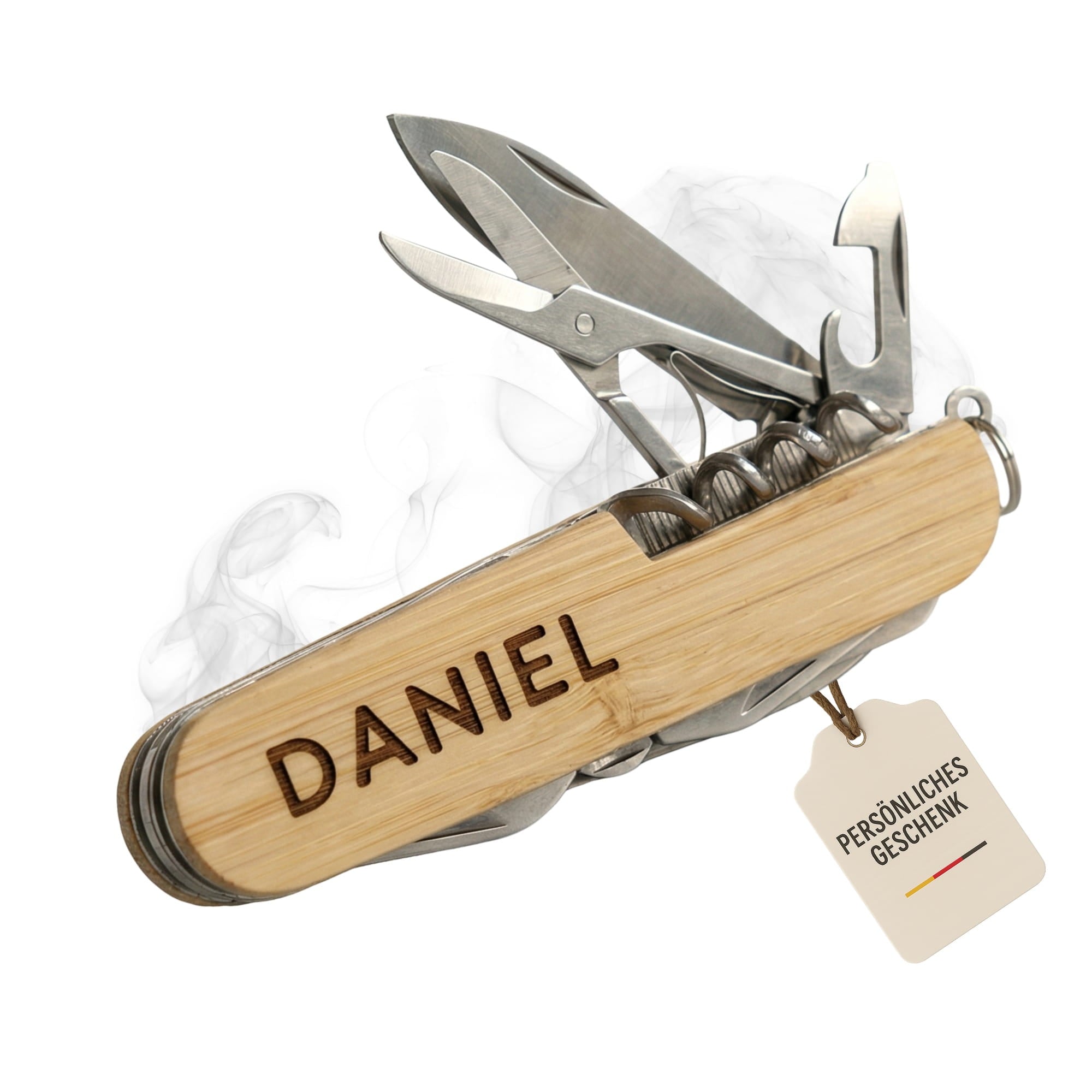 Rückseite des Bambus Multitool Taschenmessers ohne Gravur mit Edelstahl-Elementen und Korkenzieher