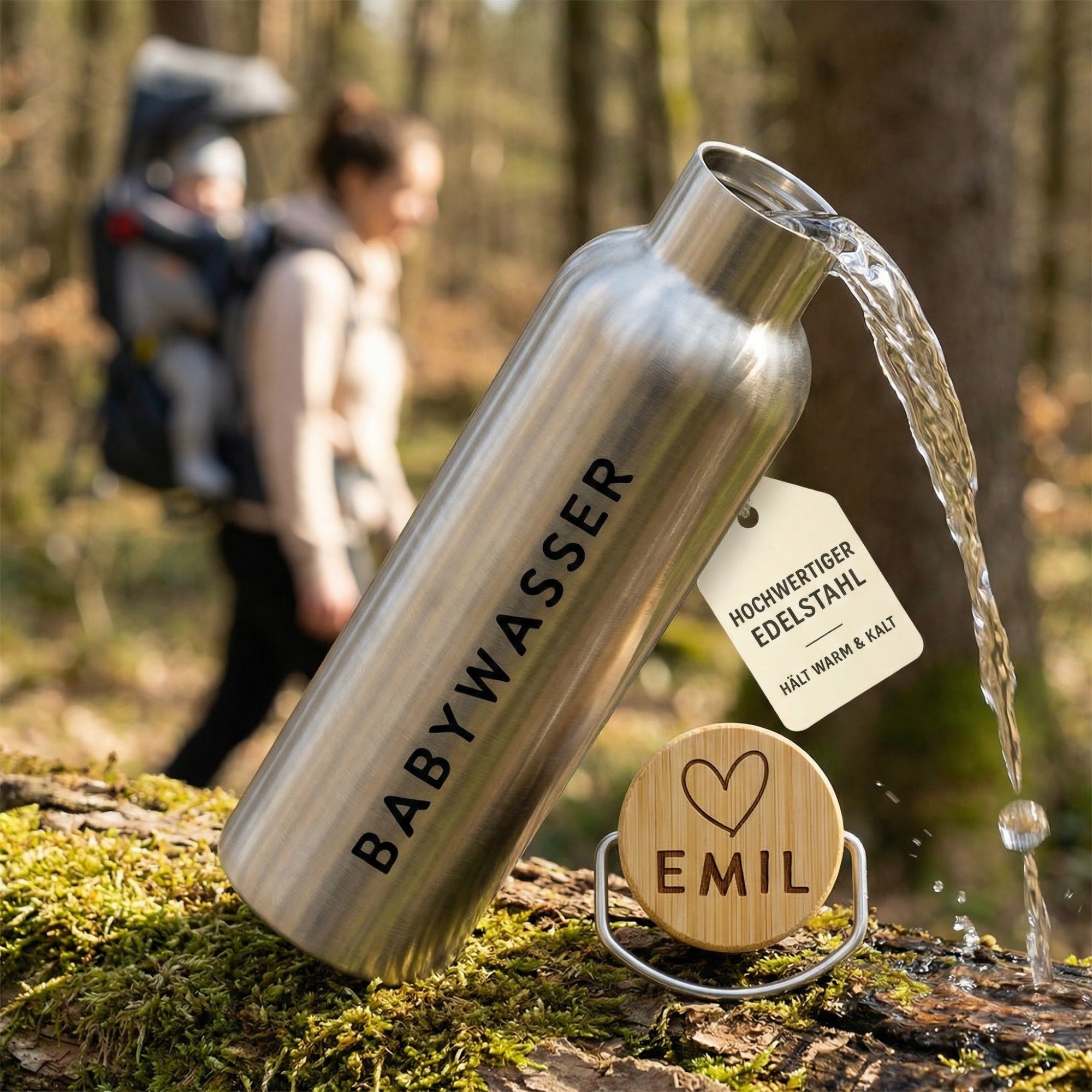 Personalisierte Babywasser Trinkflasche aus Edelstahl mit Bambusdeckel beim Spaziergang im Wald