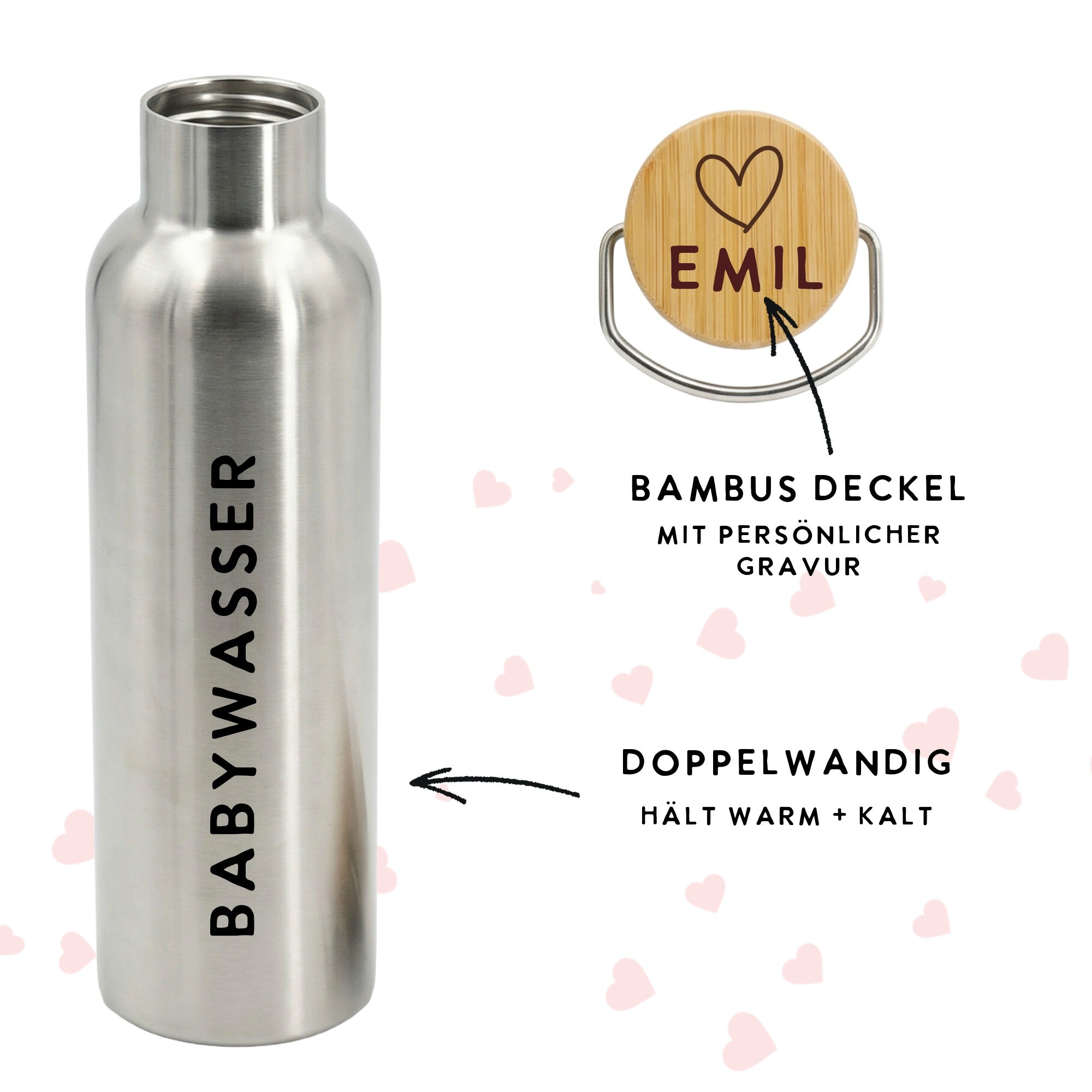 Bambusdeckel mit persönlicher Namensgravur für Babywasser Trinkflasche aus Edelstahl