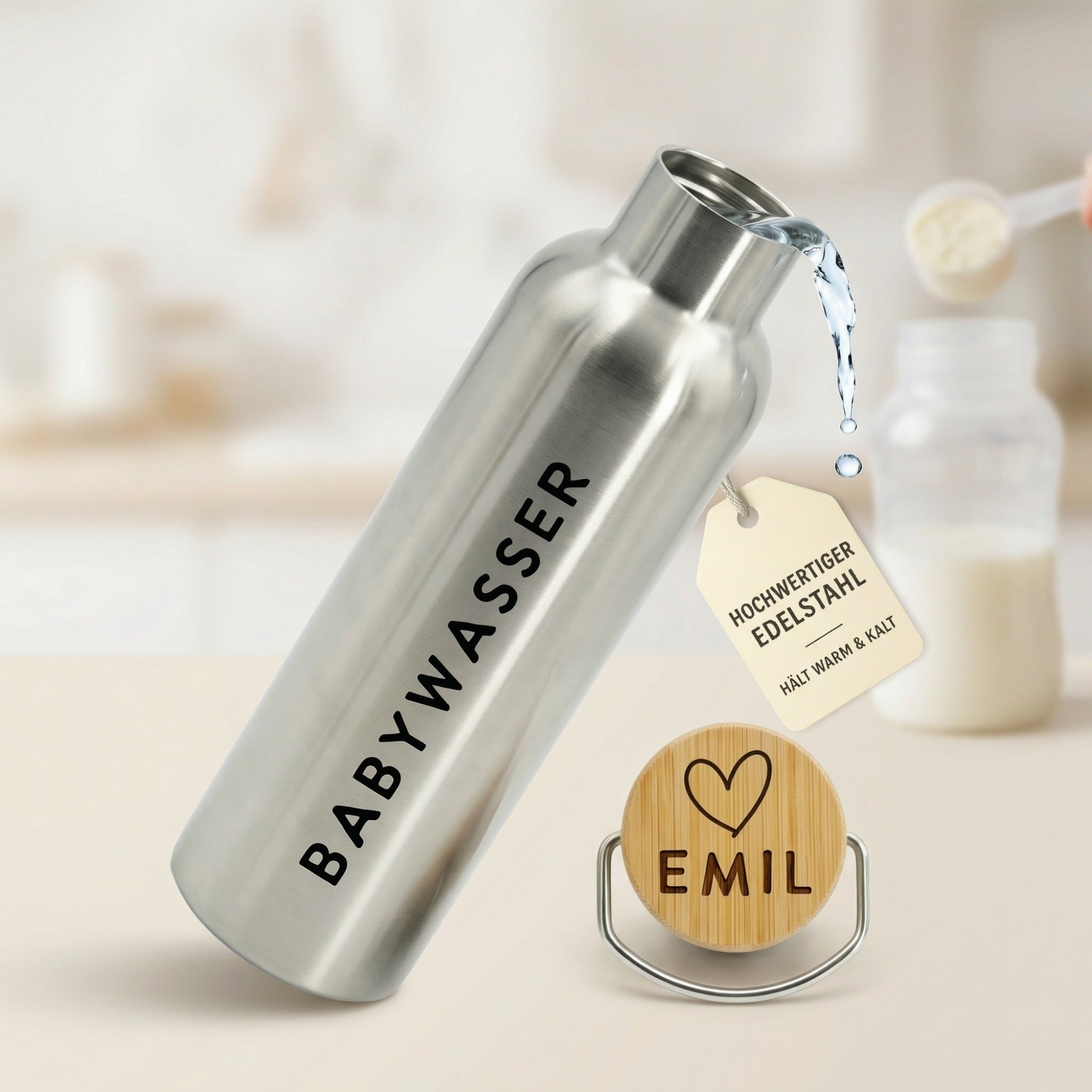 Edelstahl Babywasser Trinkflasche mit auslaufendem Wasser – doppelwandig isoliert