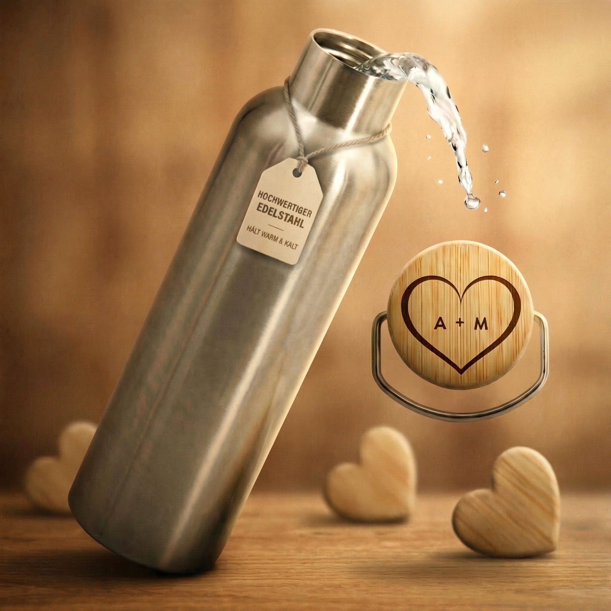 Personalisierte Trinkflasche aus Edelstahl mit graviertem Herzmotiv auf Bambusdeckel, Geschenkidee für Paare und besondere Anlässe