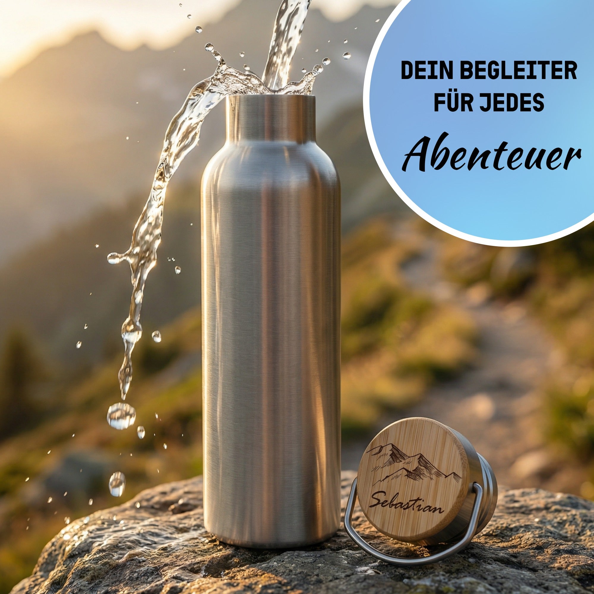 Personalisierte Edelstahl Thermoflasche mit graviertem Bambusdeckel vor Berglandschaft mit Wassersplash und Schriftzug „Dein Begleiter für jedes Abenteuer“ – robuste Outdoor Trinkflasche mit Name.