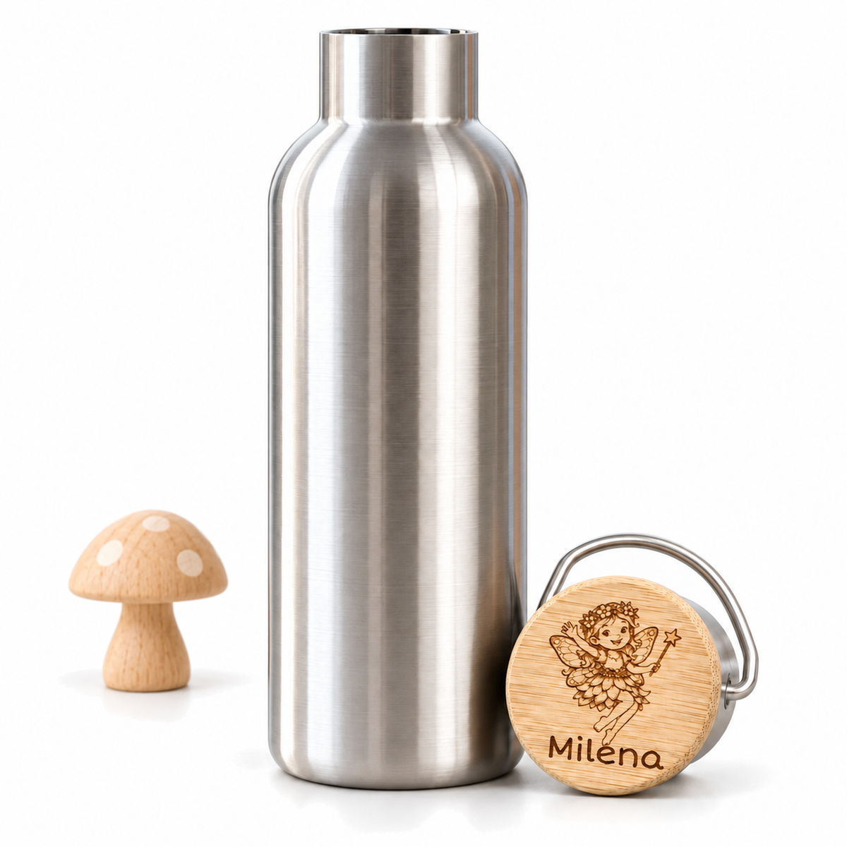 Personalisierte Edelstahl-Trinkflasche mit Elfen-Gravur und Bambusdeckel
