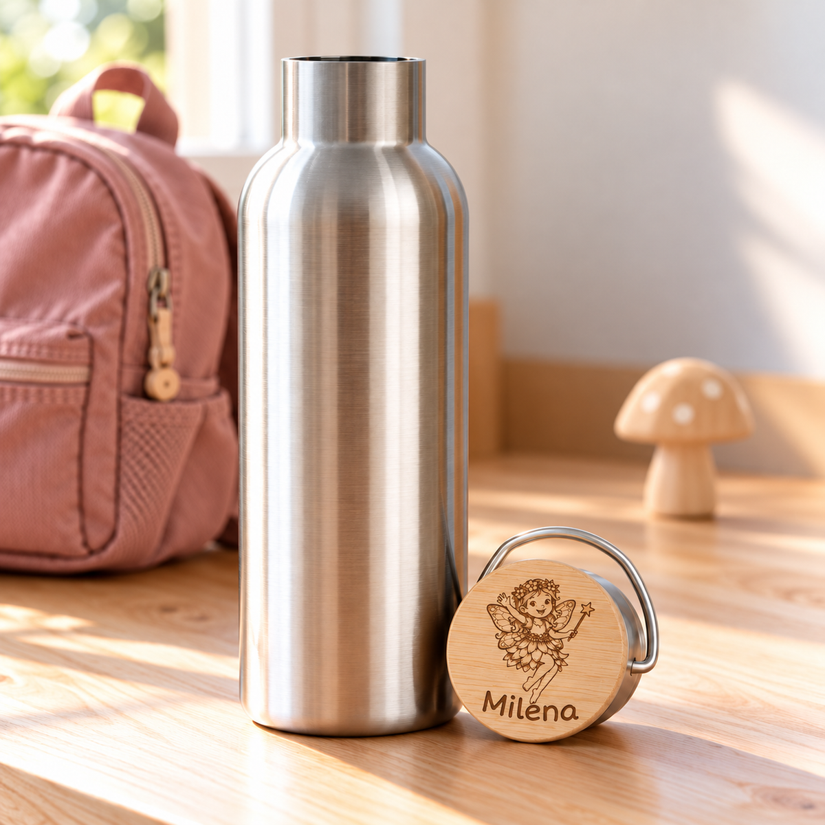 Trinkflasche Elfe mit Namensgravur vor dem Kinderrucksack