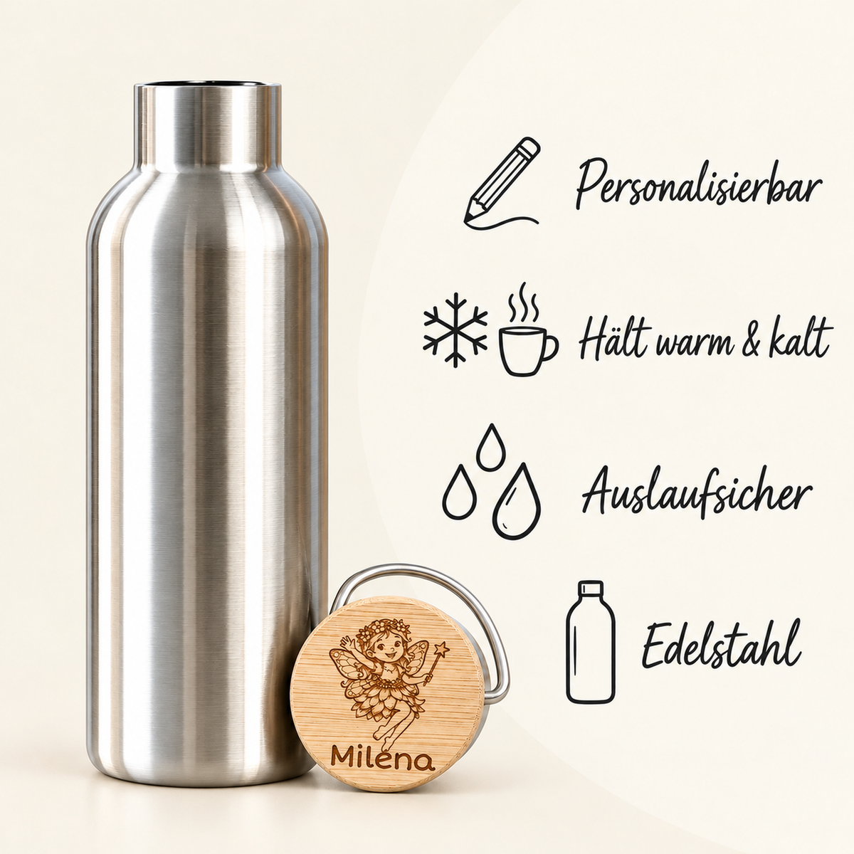 Edelstahl-Trinkflasche Elfe: personalisierbar, auslaufsicher, aus Edelstahl
