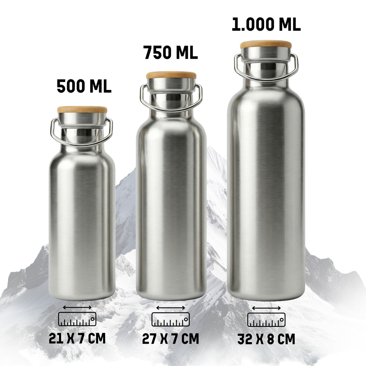 Trinkflaschen 500 ml, 750 ml und 1.000 ml im Größenvergleich