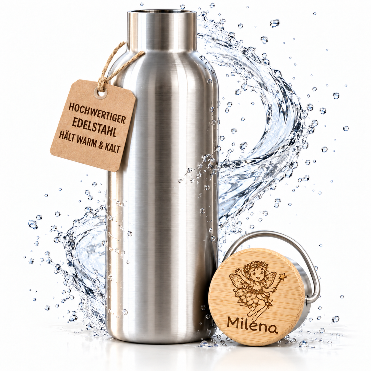Edelstahl-Trinkflasche mit gravierter Elfe auf dem Bambusdeckel, Packshot