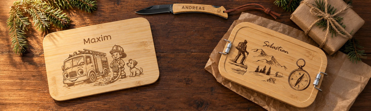 Personalisierte Weihnachtsgeschenke: Frühstücksbrettchen Feuerwehr, Brotdose Wanderlust und Taschenmesser mit Gravur