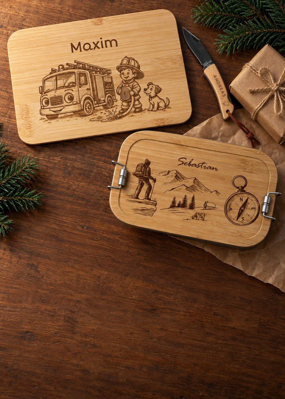 Personalisierte Weihnachtsgeschenke: Frühstücksbrettchen Feuerwehr, Brotdose Wanderlust und Taschenmesser mit Gravur